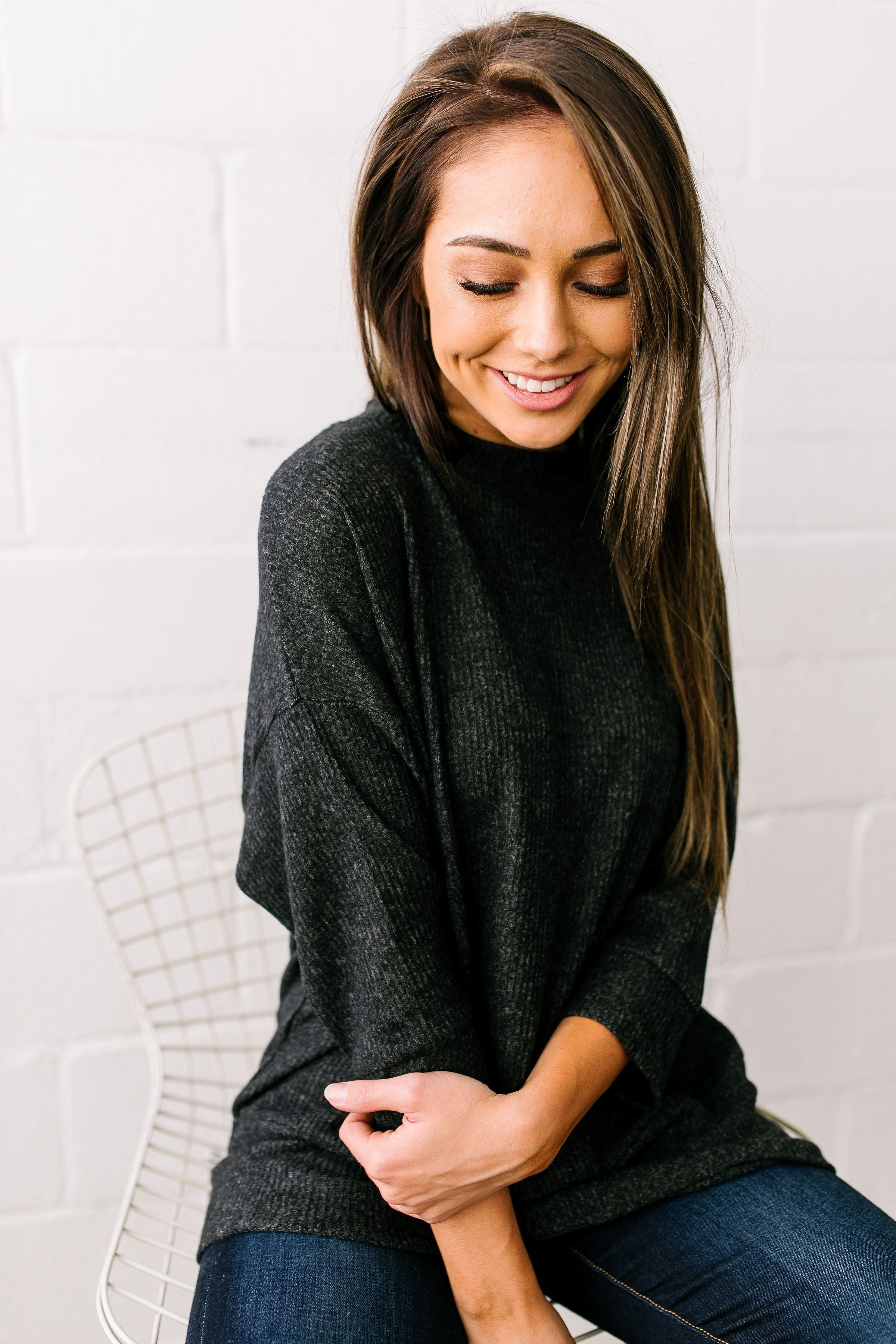 Soft Hearted Fuzzy Three-Quarter Sleeved Top In Charcoal - ALL SALES FINAL