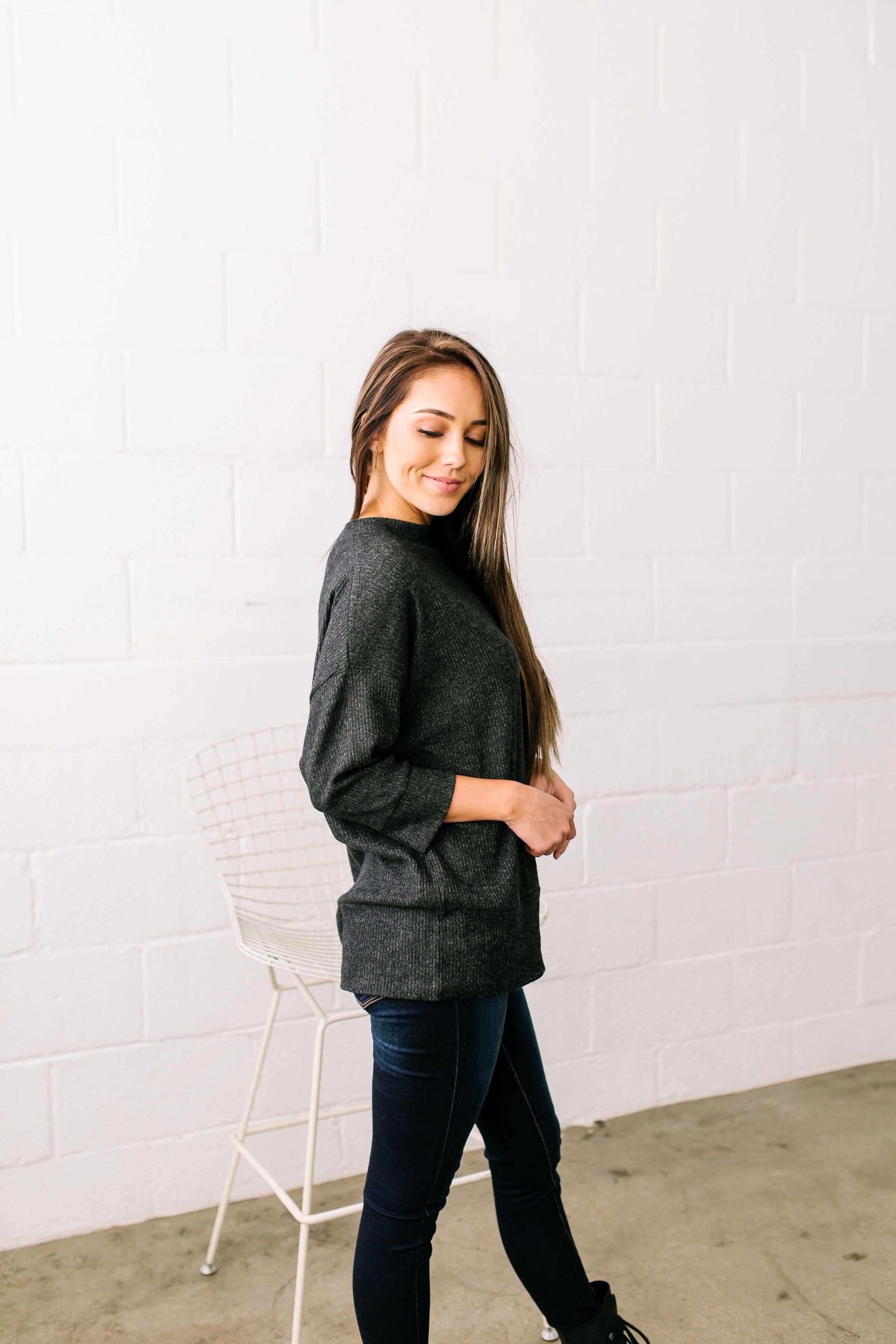 Soft Hearted Fuzzy Three-Quarter Sleeved Top In Charcoal - ALL SALES FINAL