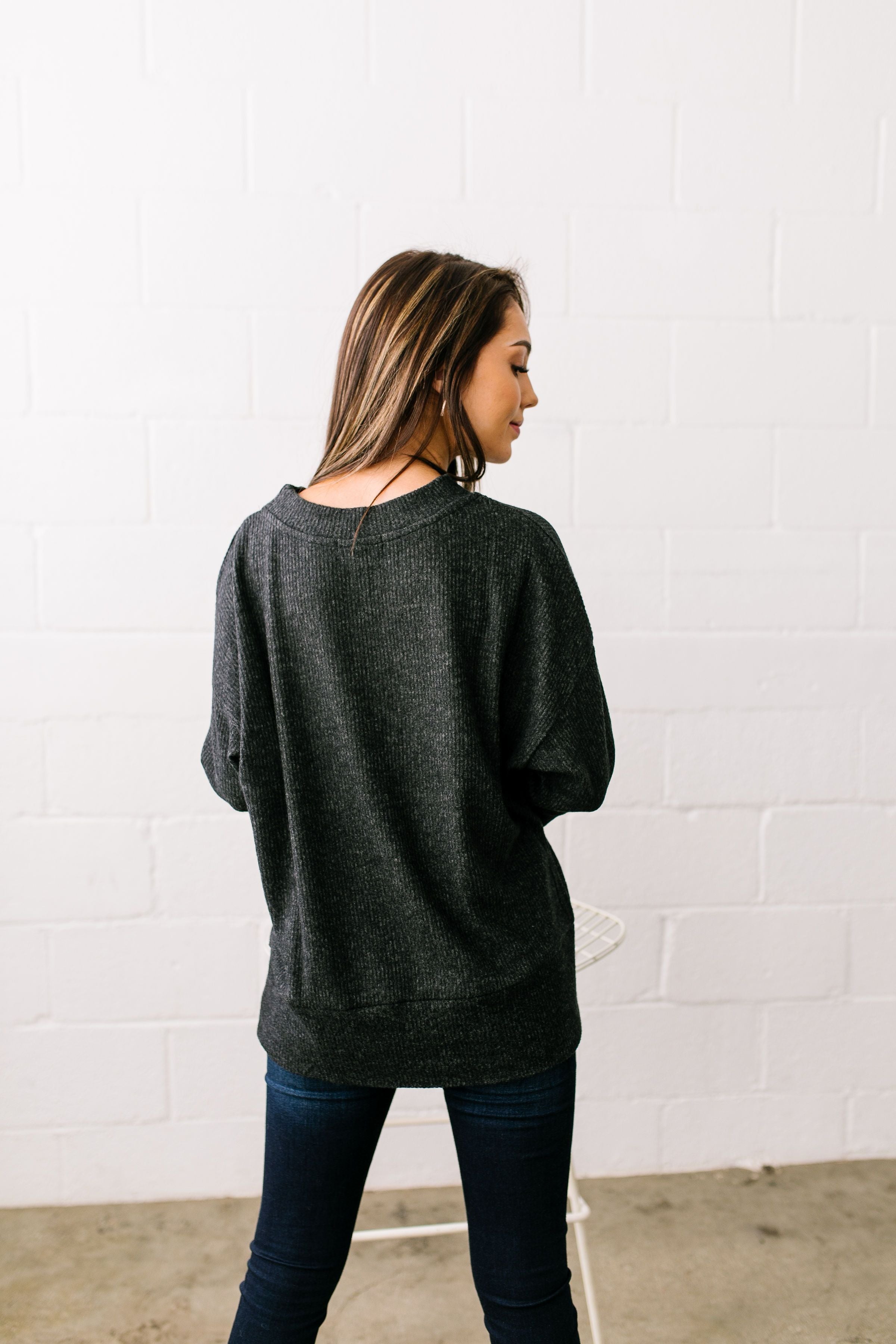 Soft Hearted Fuzzy Three-Quarter Sleeved Top In Charcoal - ALL SALES FINAL