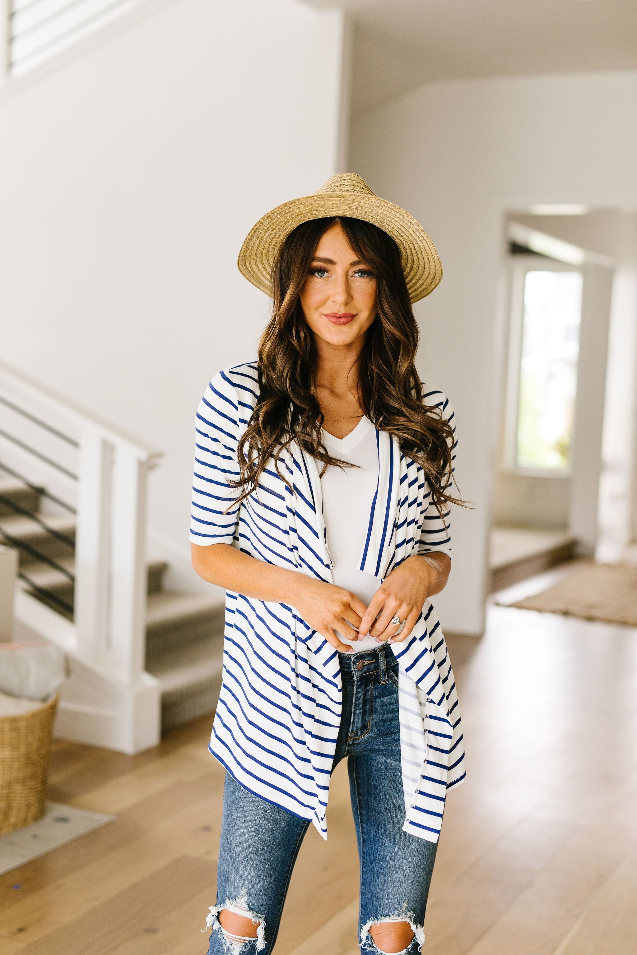 Sporty Striped Cardi In White