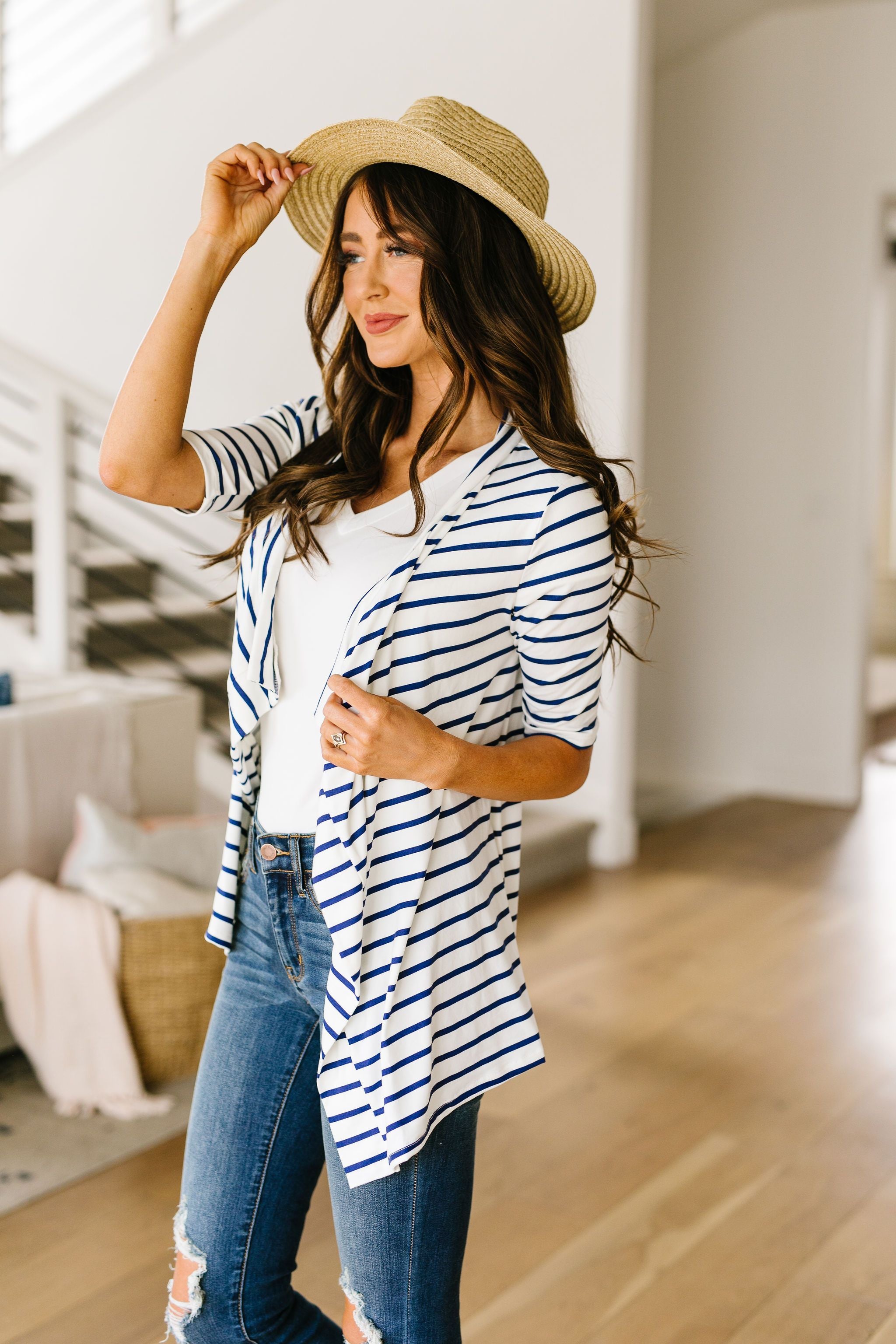 Sporty Striped Cardi In White