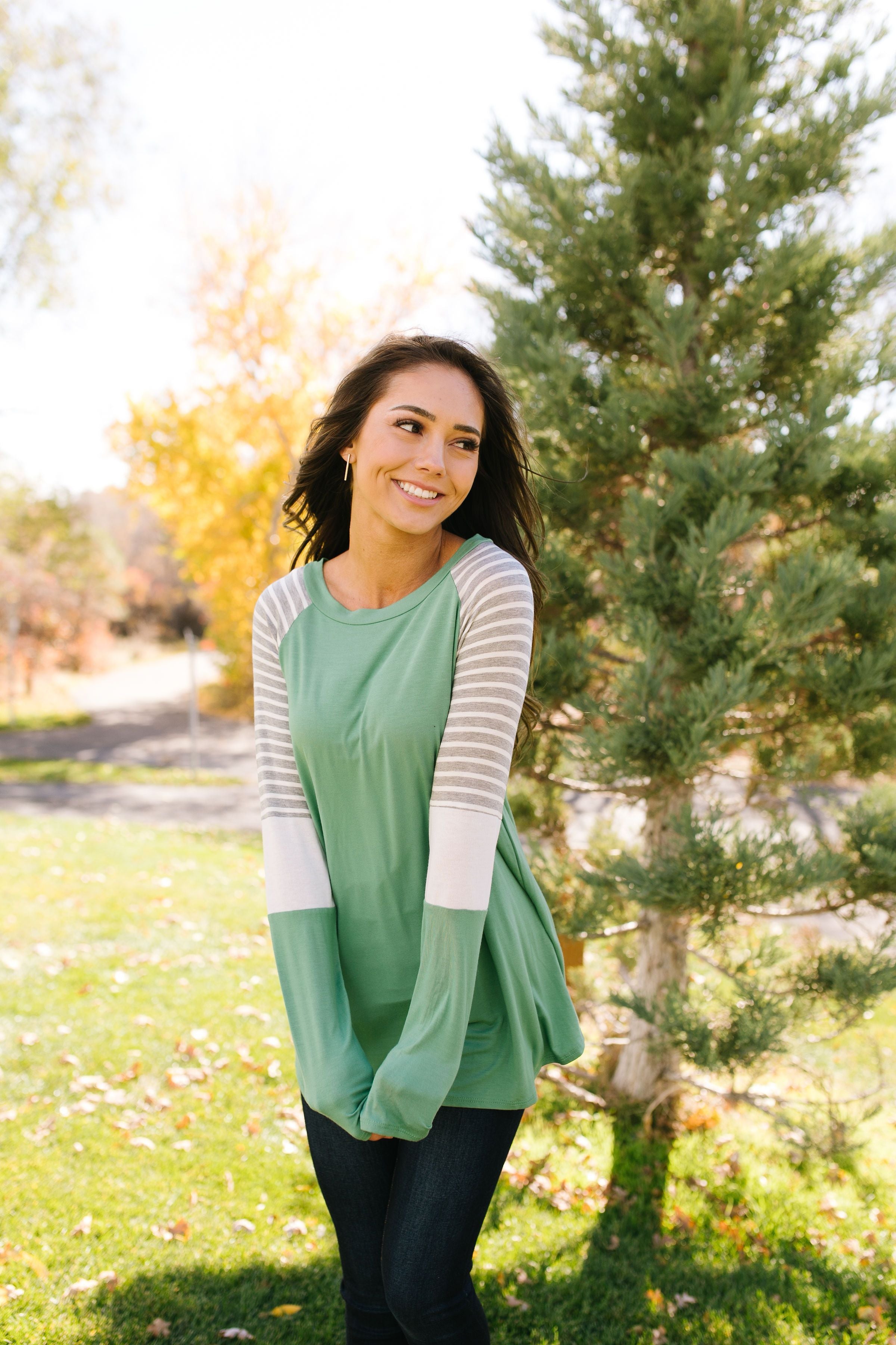 Stacked Sleeve Raglan Tee In Sage - ALL SALES FINAL