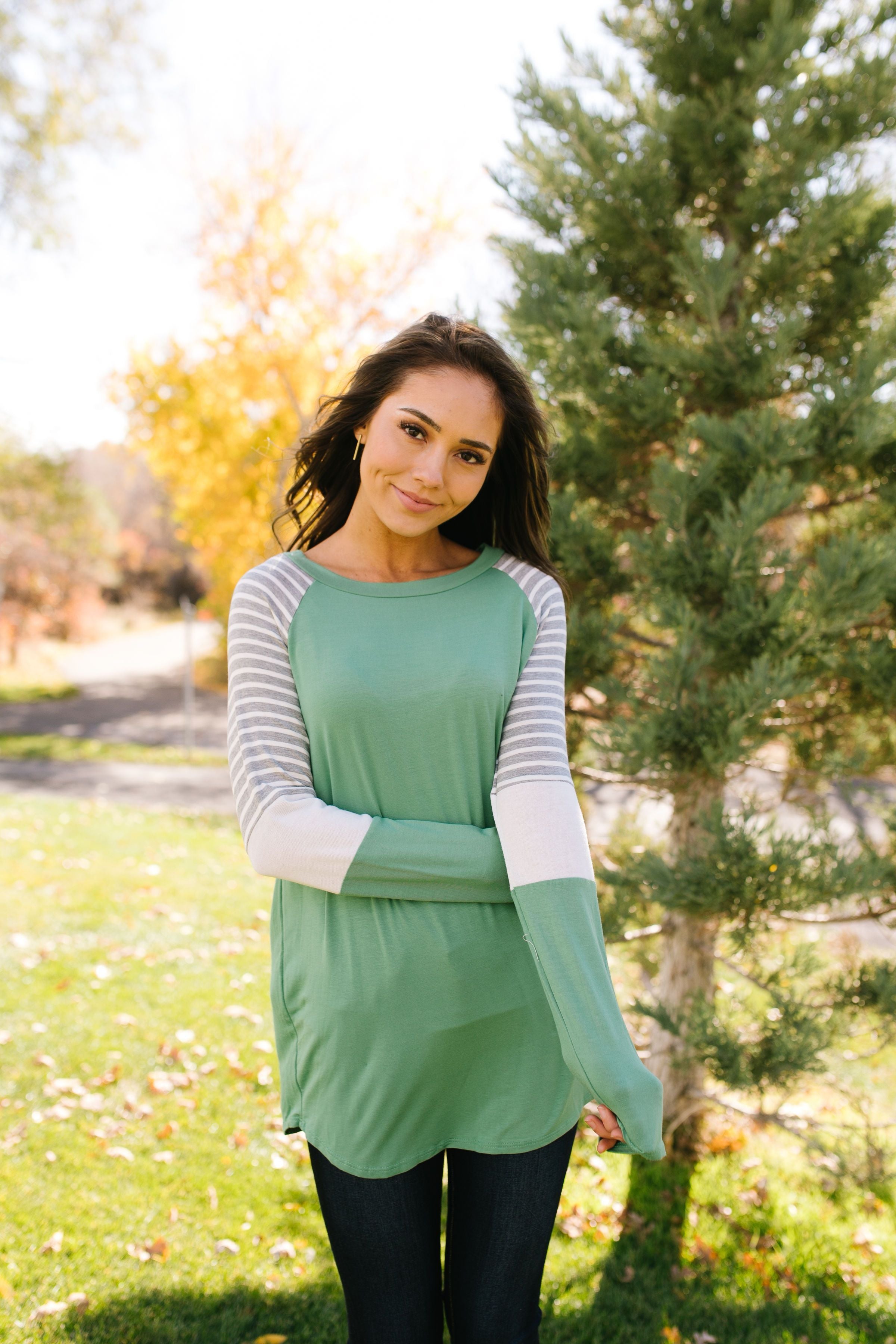 Stacked Sleeve Raglan Tee In Sage - ALL SALES FINAL