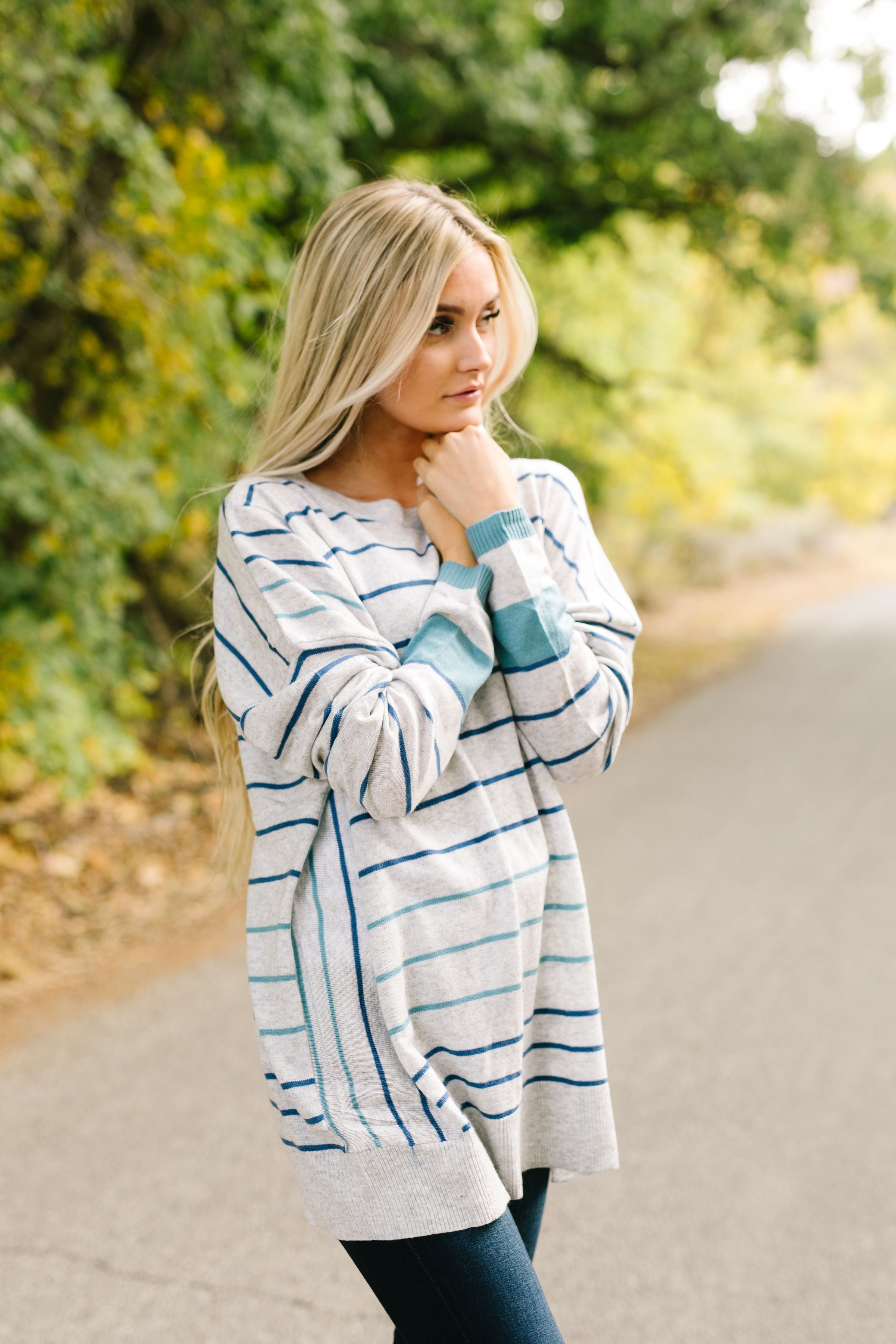 Stairway To Heaven Gray And Blue Striped Sweater - ALL SALES FINAL