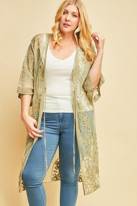 Starving Artist Crochet Lace Kimono In Light Olive - ALL SALES FINAL