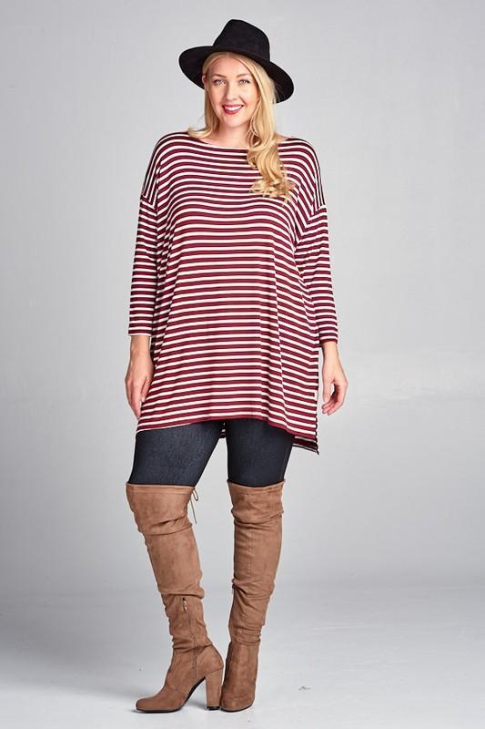 Steady She Goes Striped Top In Burgundy Plus Only