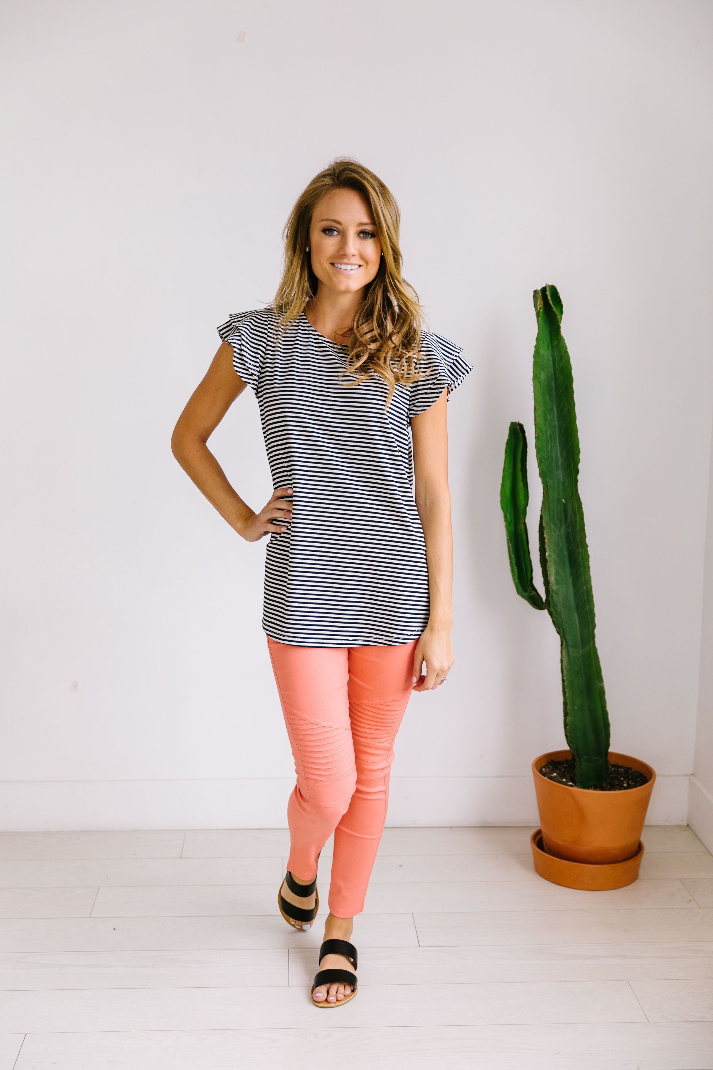 Striped Double Ruffle Top In Black + White