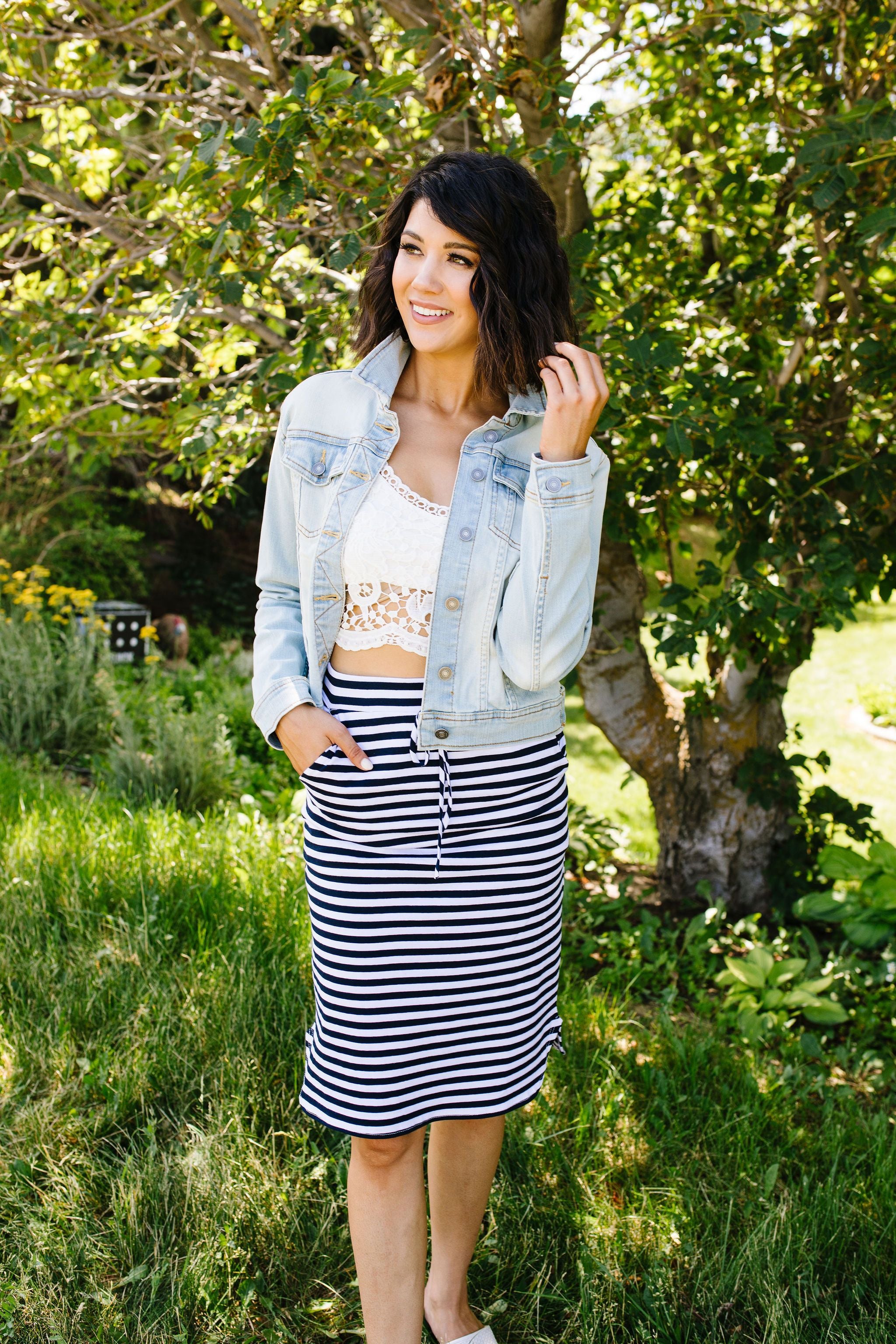 Striped Drawstring Skirt In Navy