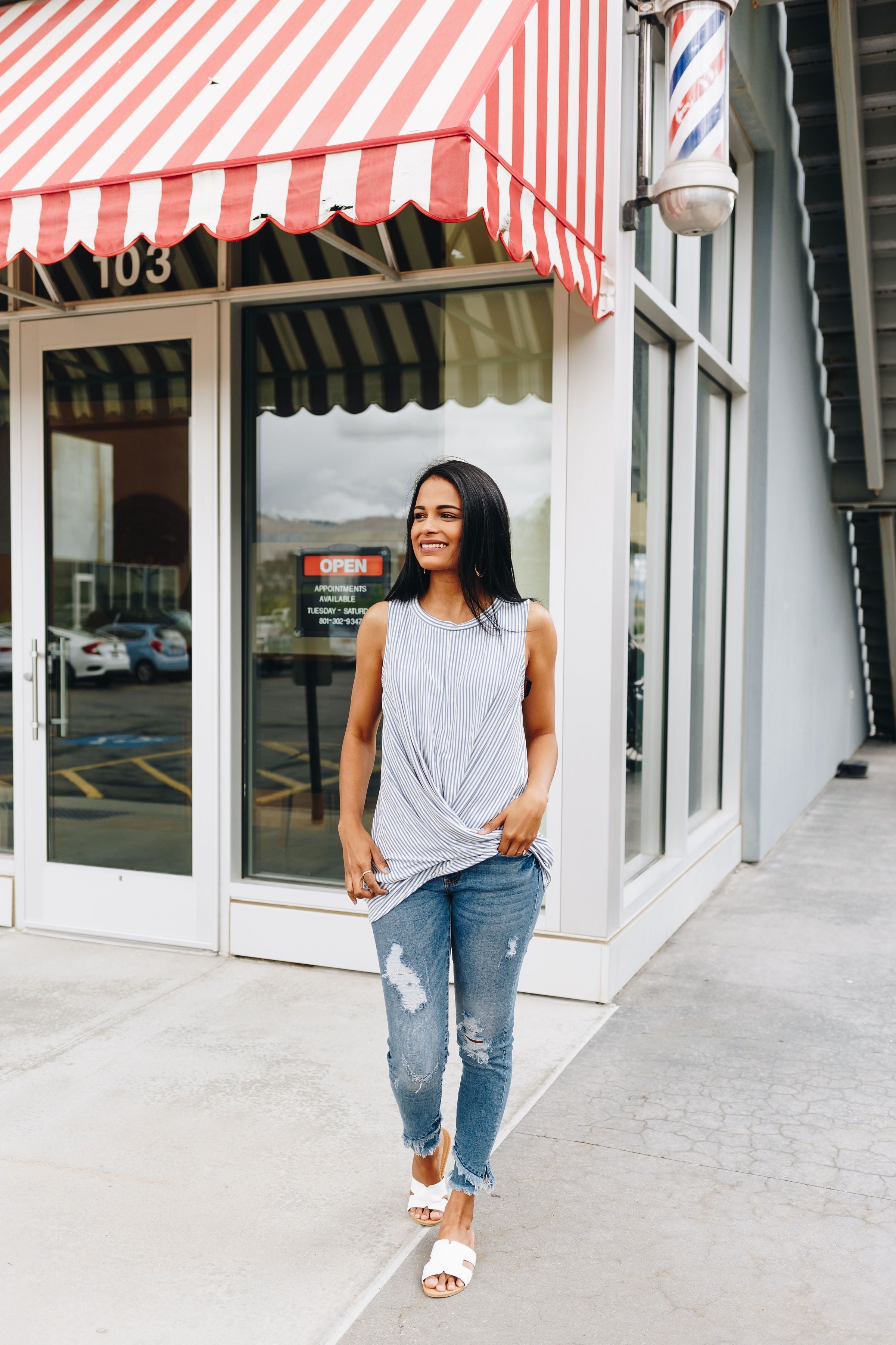 Striped Twist And Cross Top In Sky Blue + Ivory