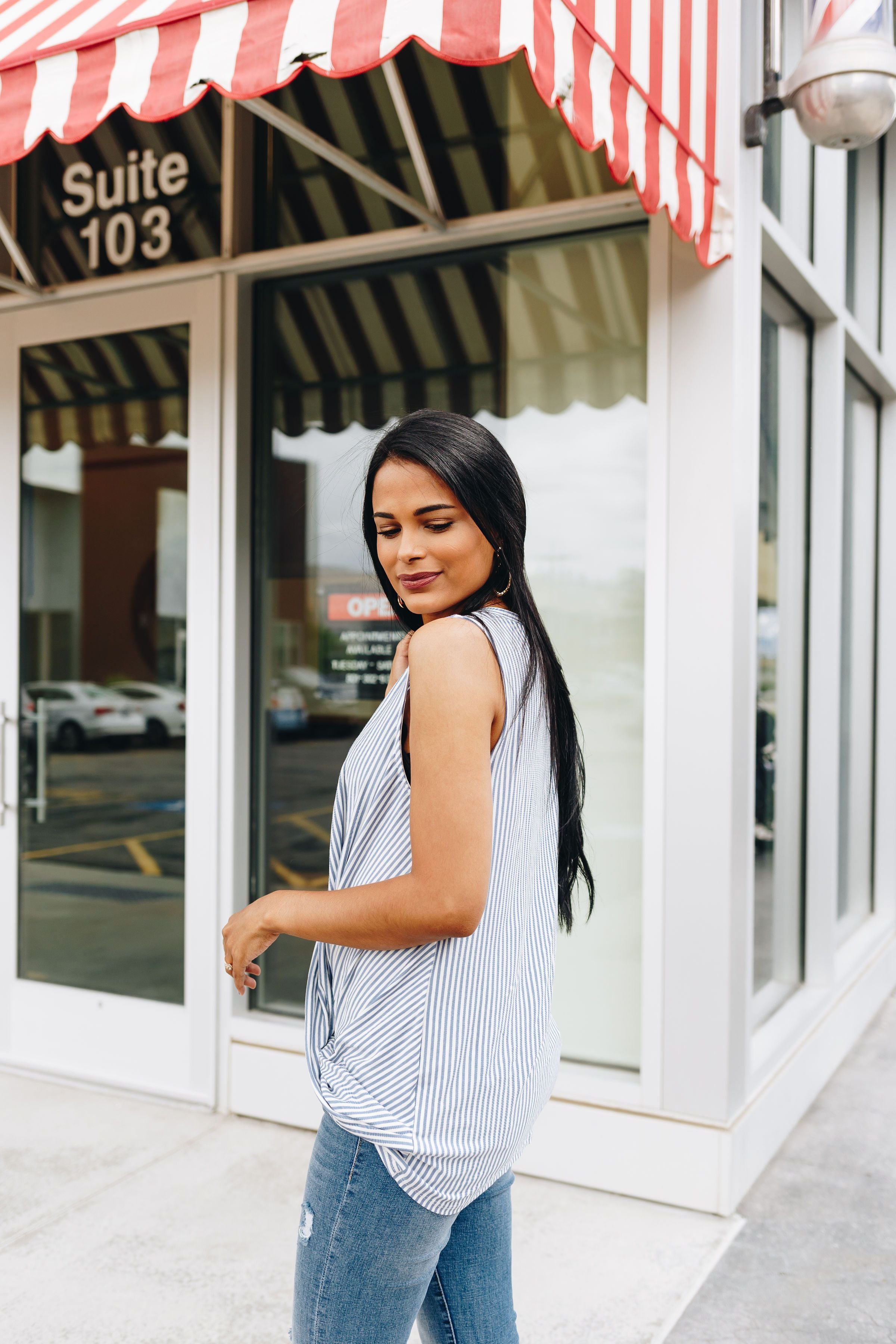 Striped Twist And Cross Top In Sky Blue + Ivory