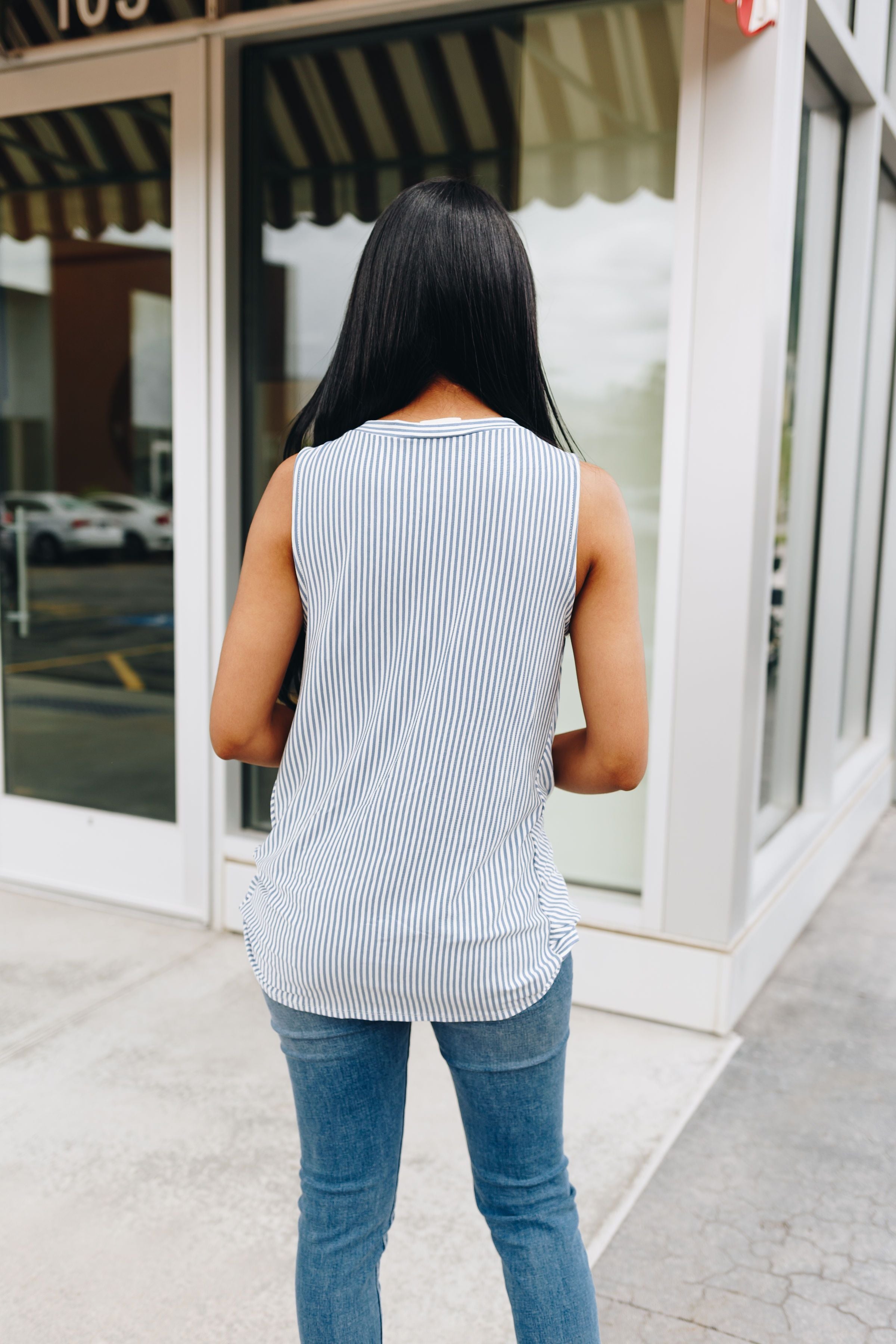 Striped Twist And Cross Top In Sky Blue + Ivory