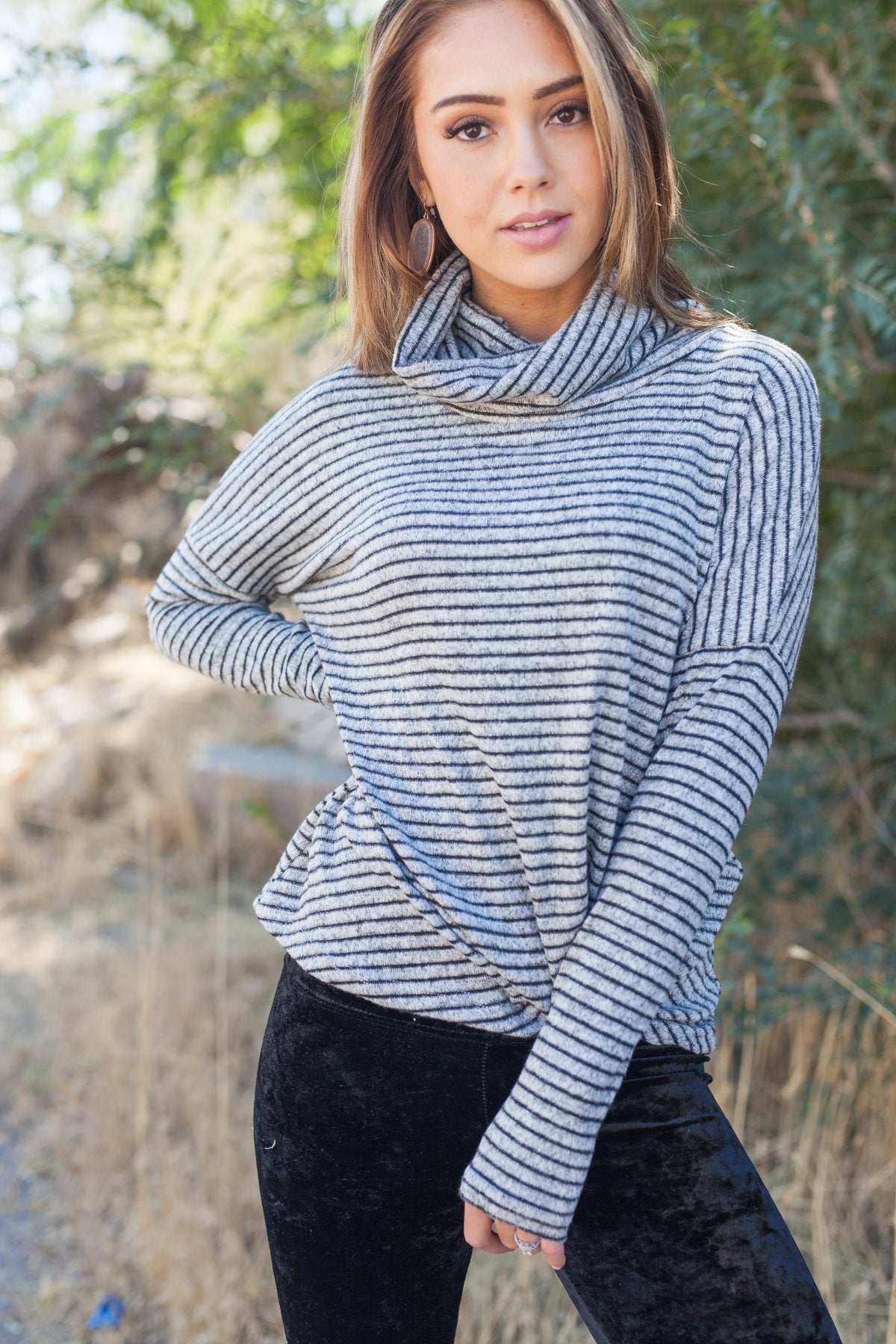 Striped With A Twist Cowl Neck Top - ALL SALES FINAL