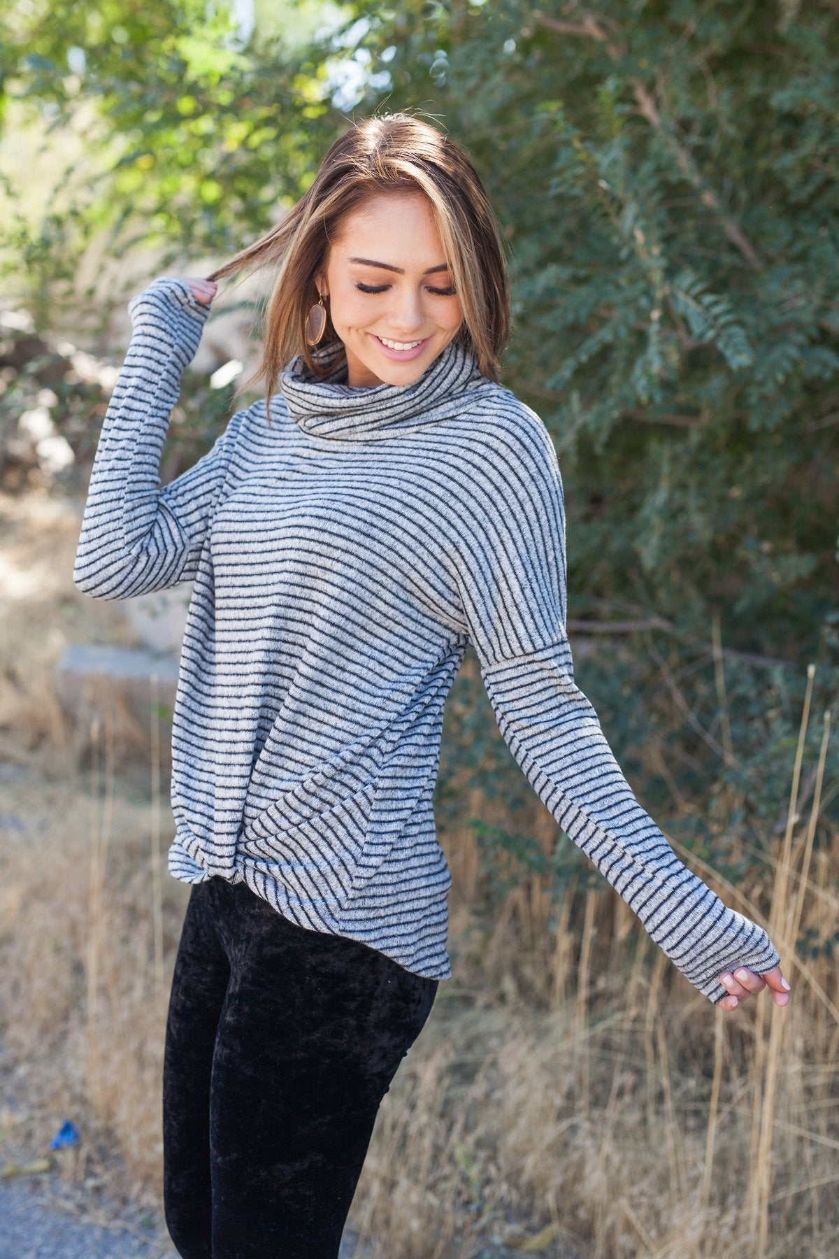 Striped With A Twist Cowl Neck Top - ALL SALES FINAL