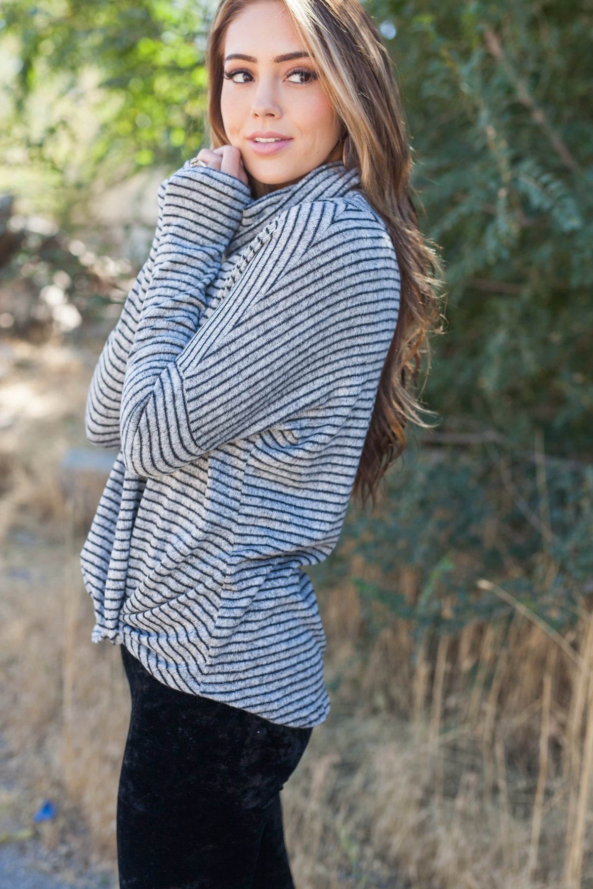 Striped With A Twist Cowl Neck Top - ALL SALES FINAL