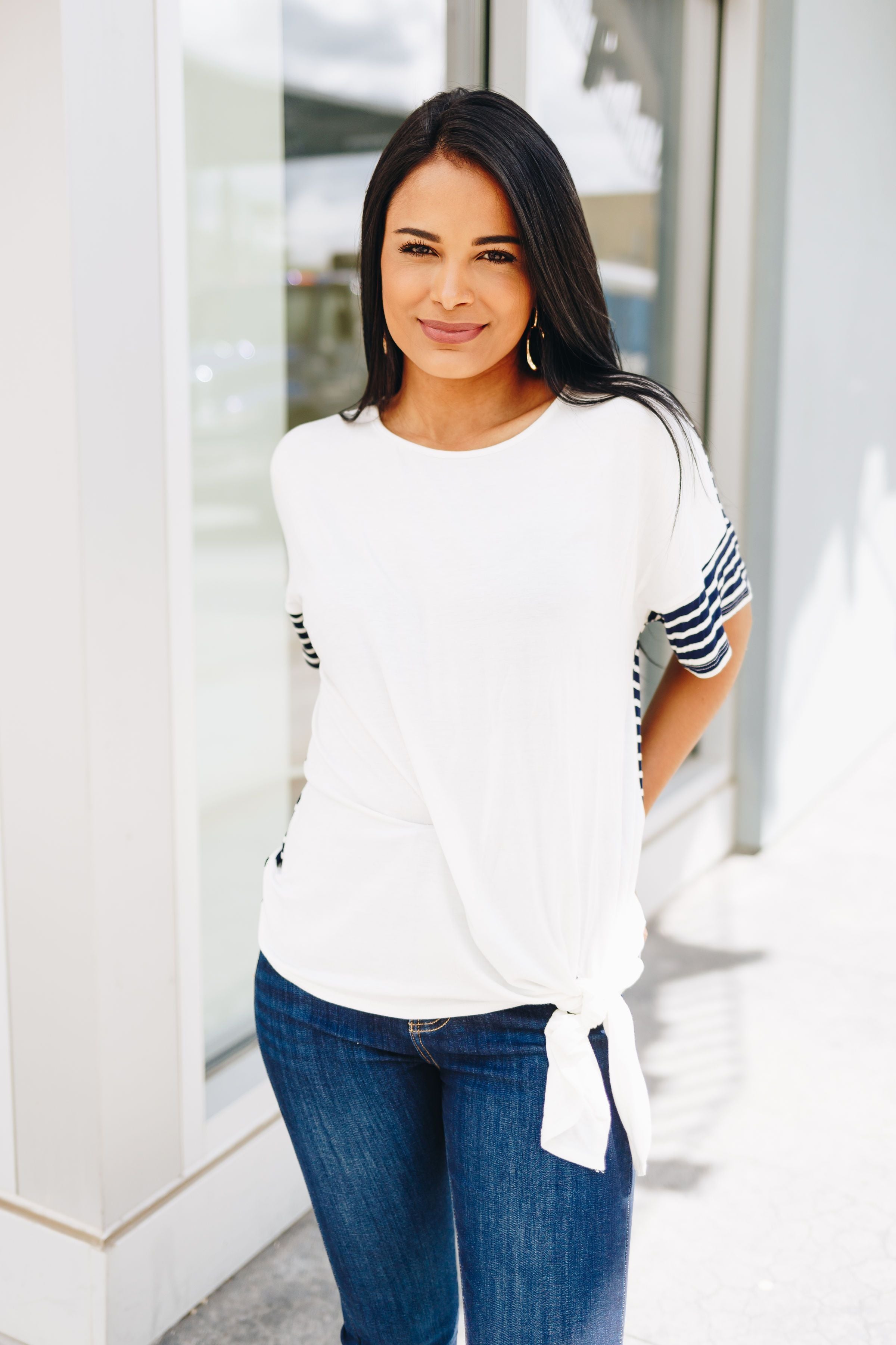 Stripes Over Easy Tie Front Top