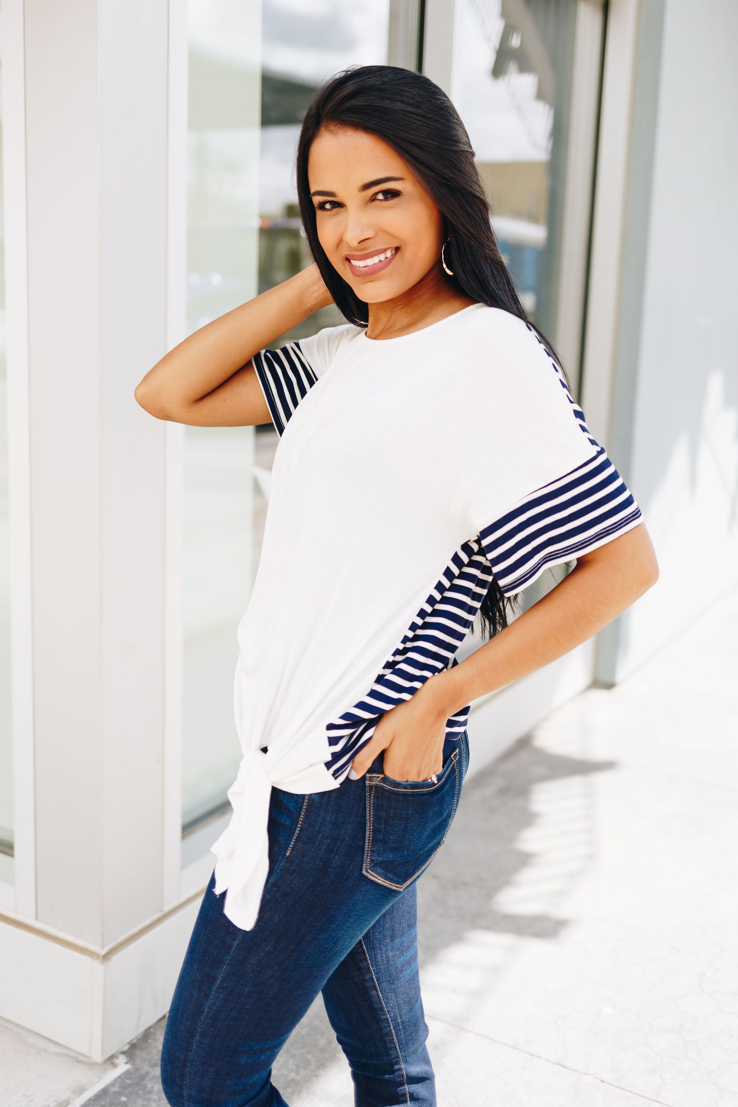 Stripes Over Easy Tie Front Top