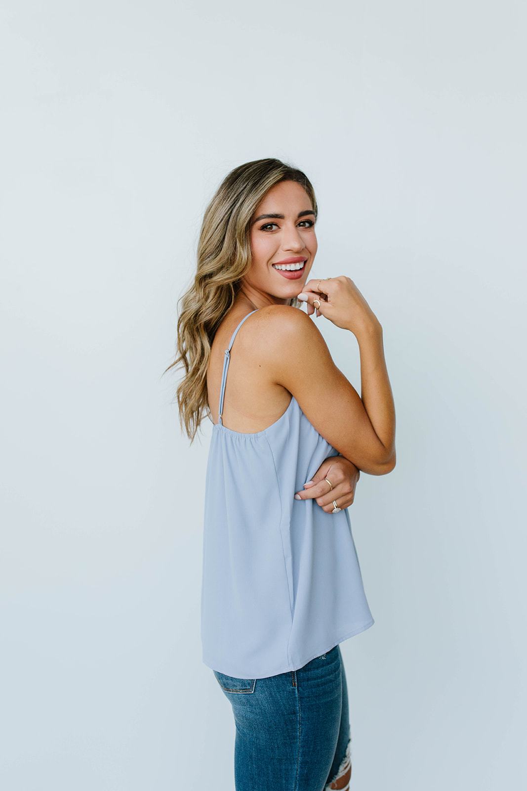 Subtle Scalloped V-Neck Cami In Dusty Blue