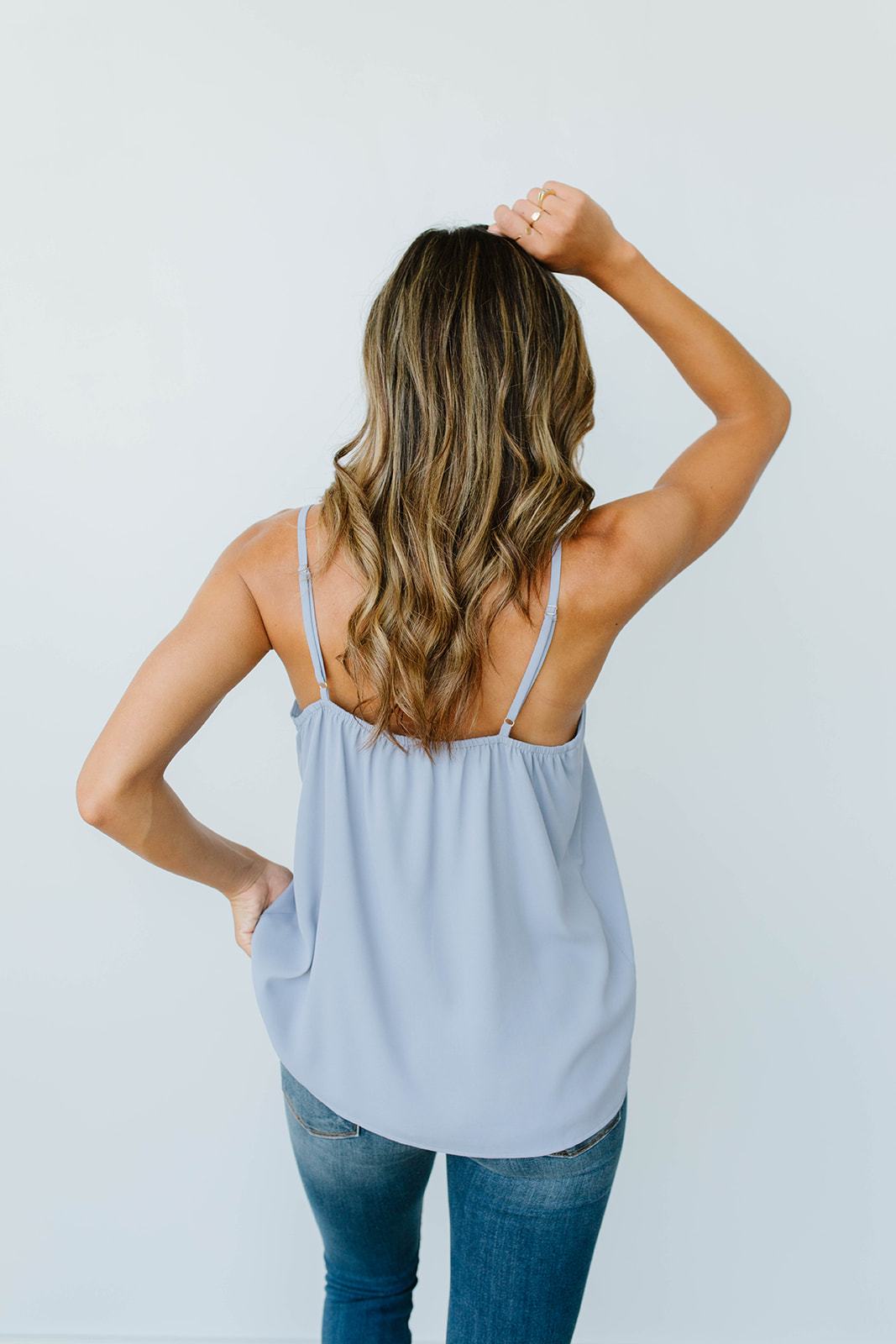 Subtle Scalloped V-Neck Cami In Dusty Blue