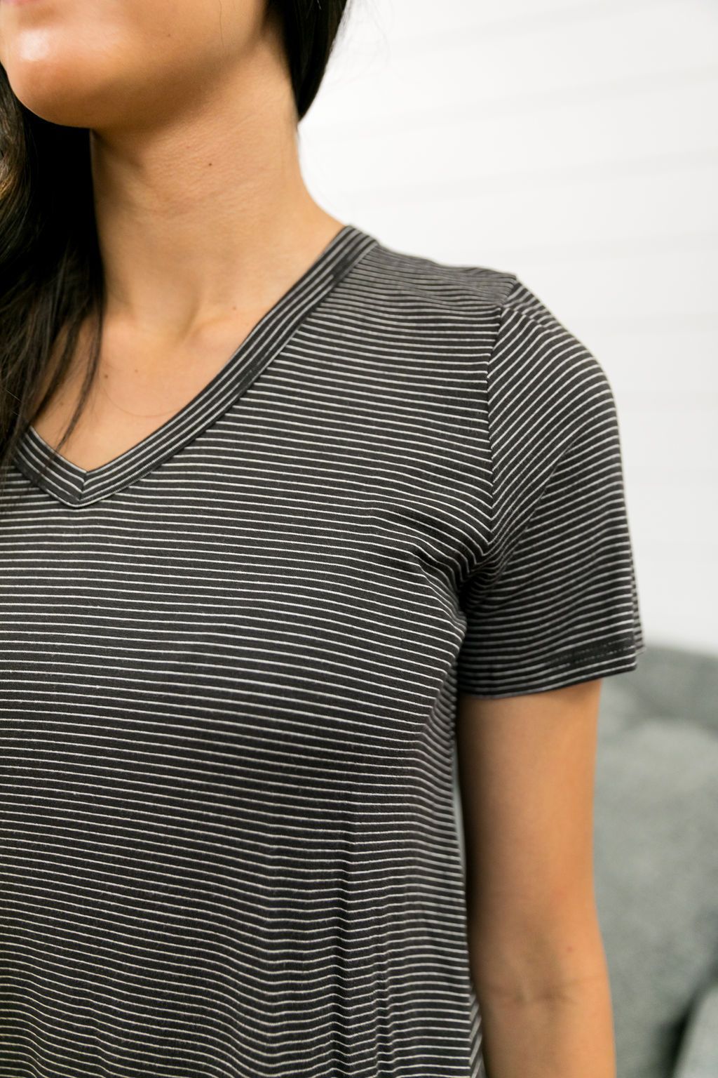 Subtle Stripe V-Neck Tee In Ash Black