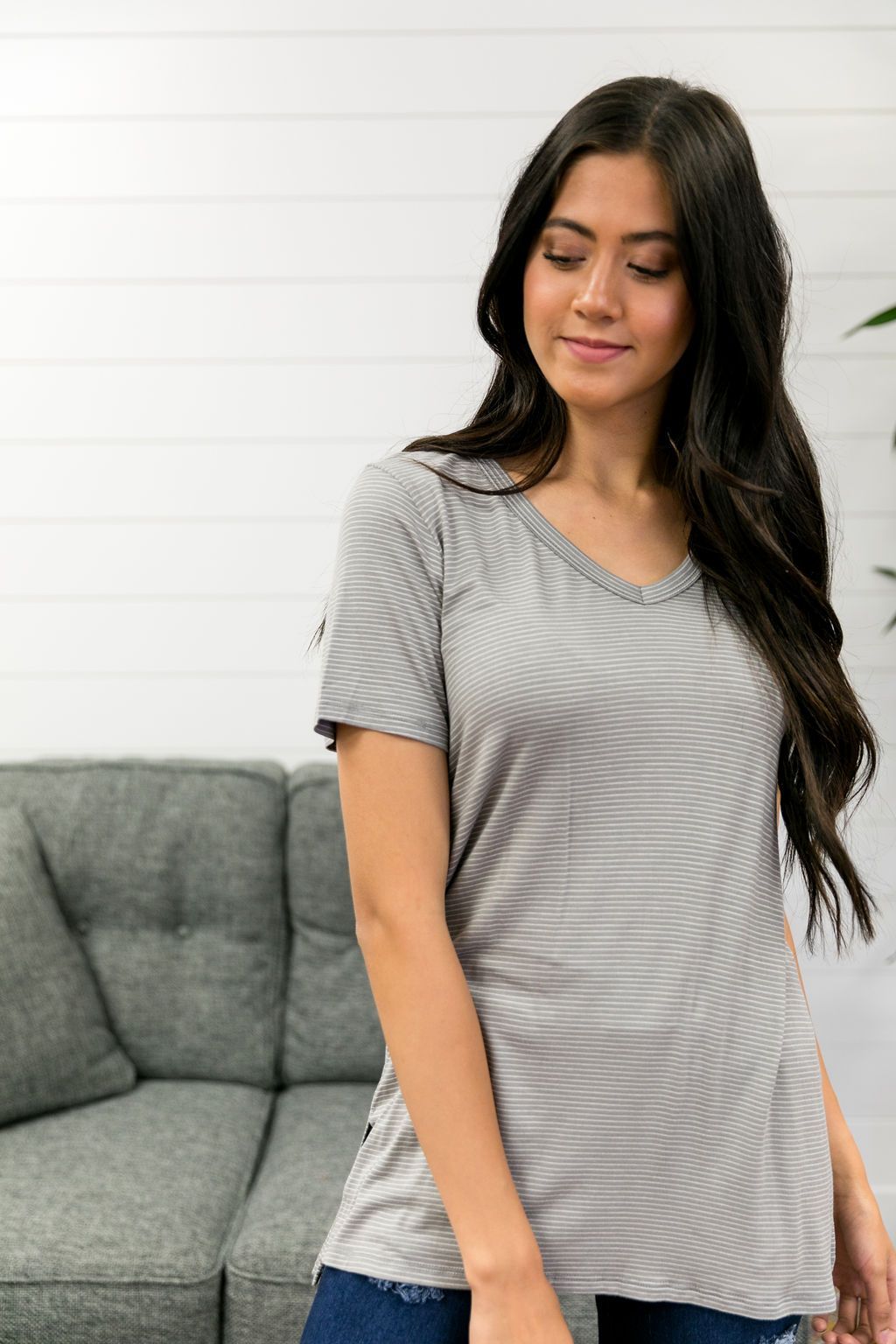 Subtle Stripe V-Neck Tee In Storm