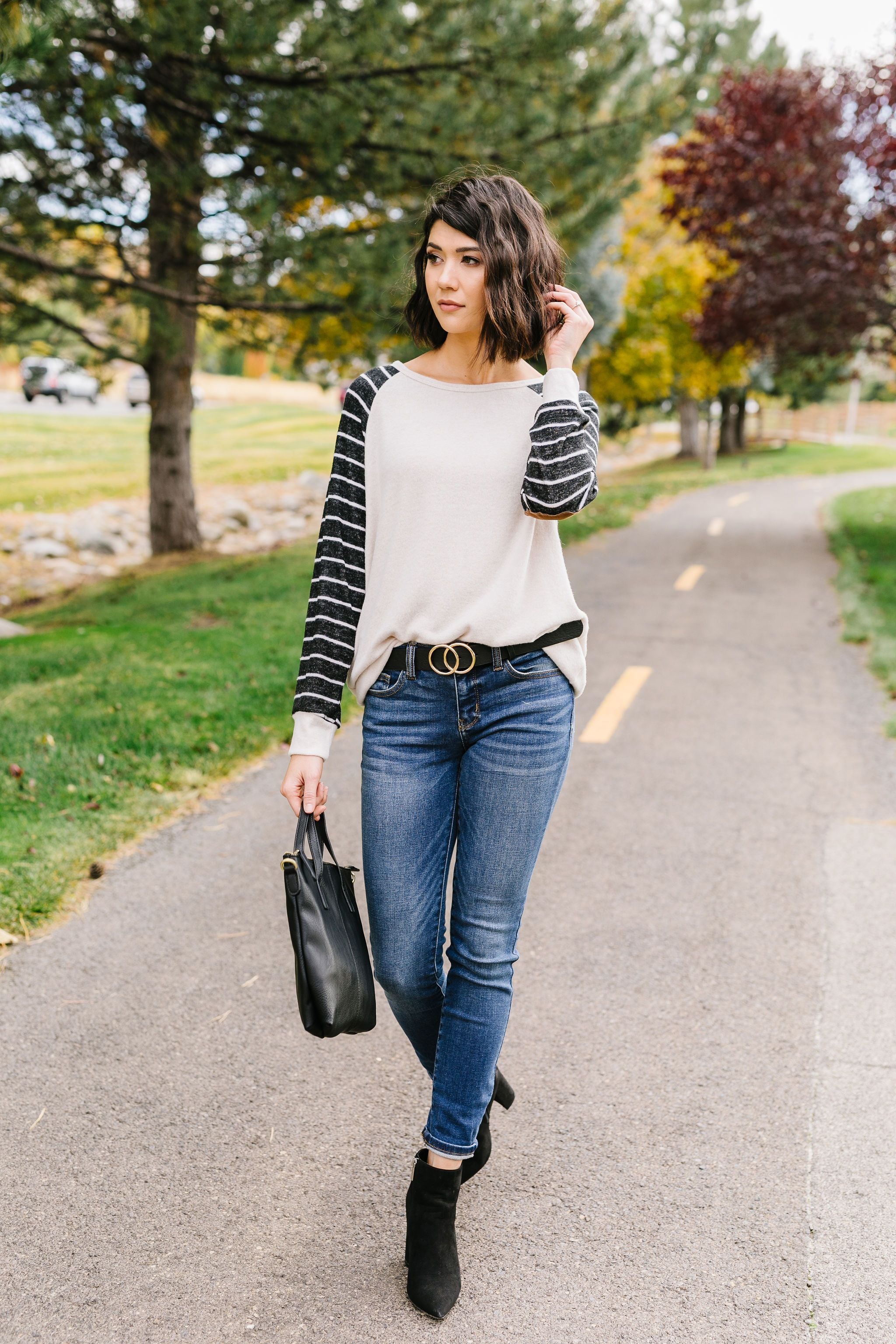 Suede Elbow Patch Raglan Sleeve Top