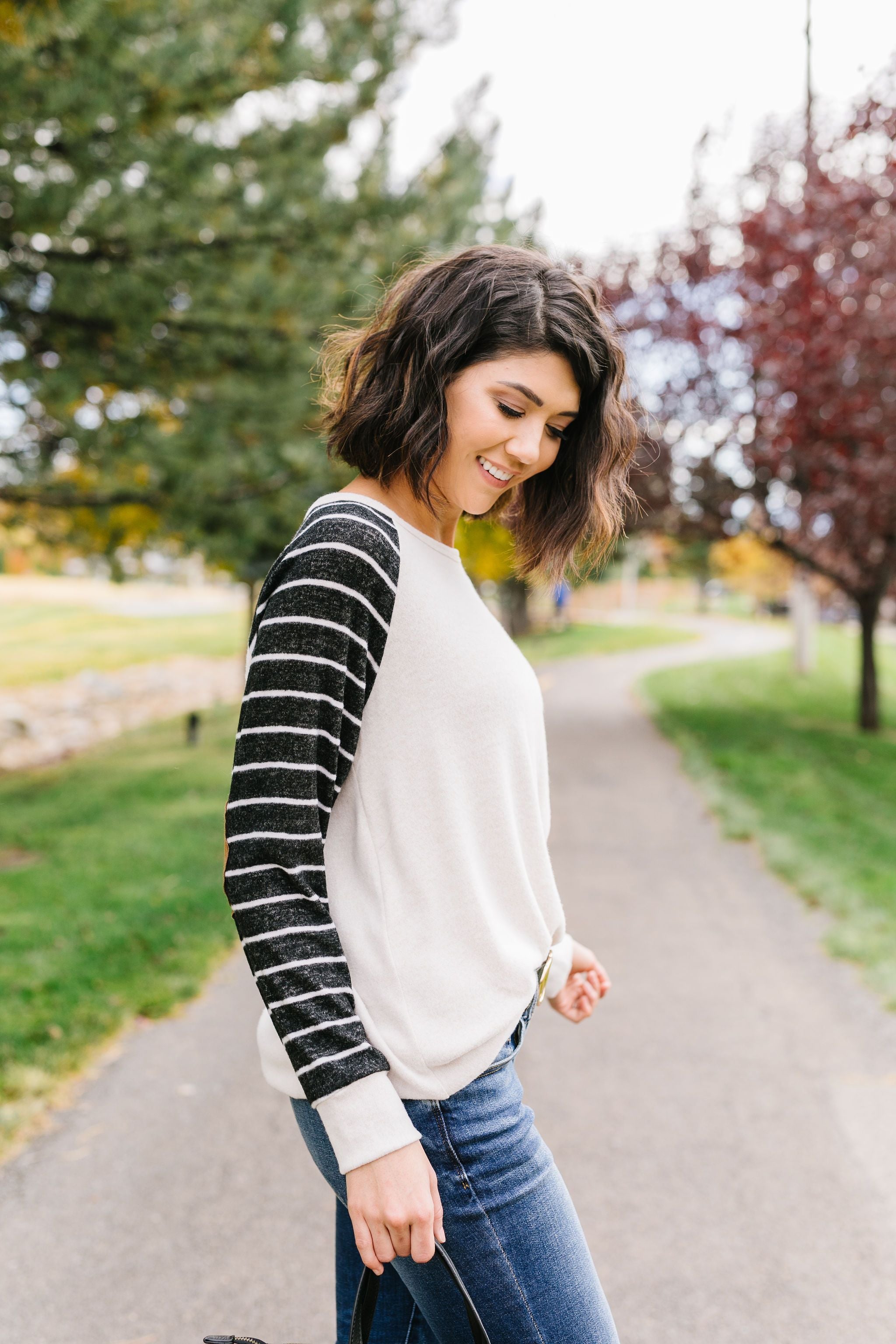 Suede Elbow Patch Raglan Sleeve Top