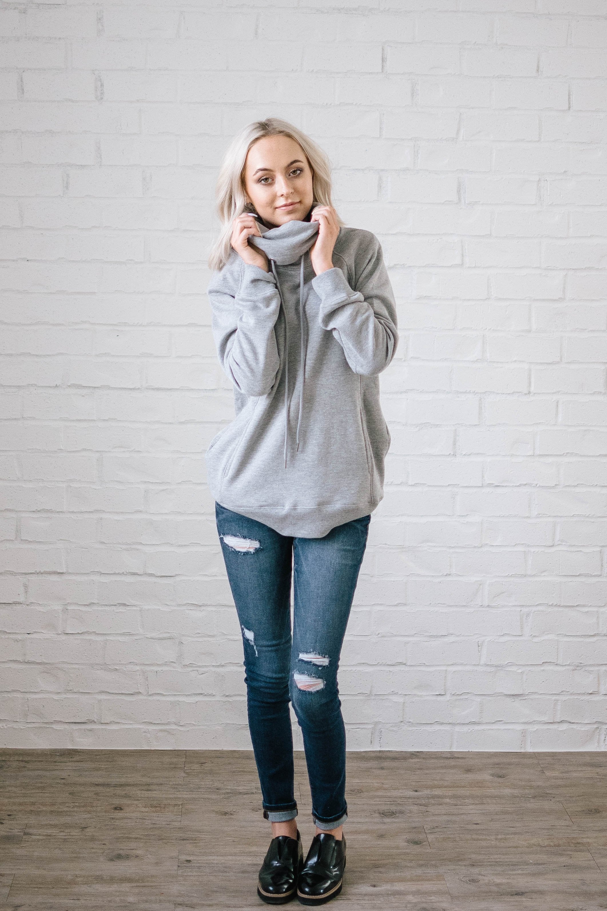 Sunday Funday Cowl Neck Sweatshirt in Light Gray