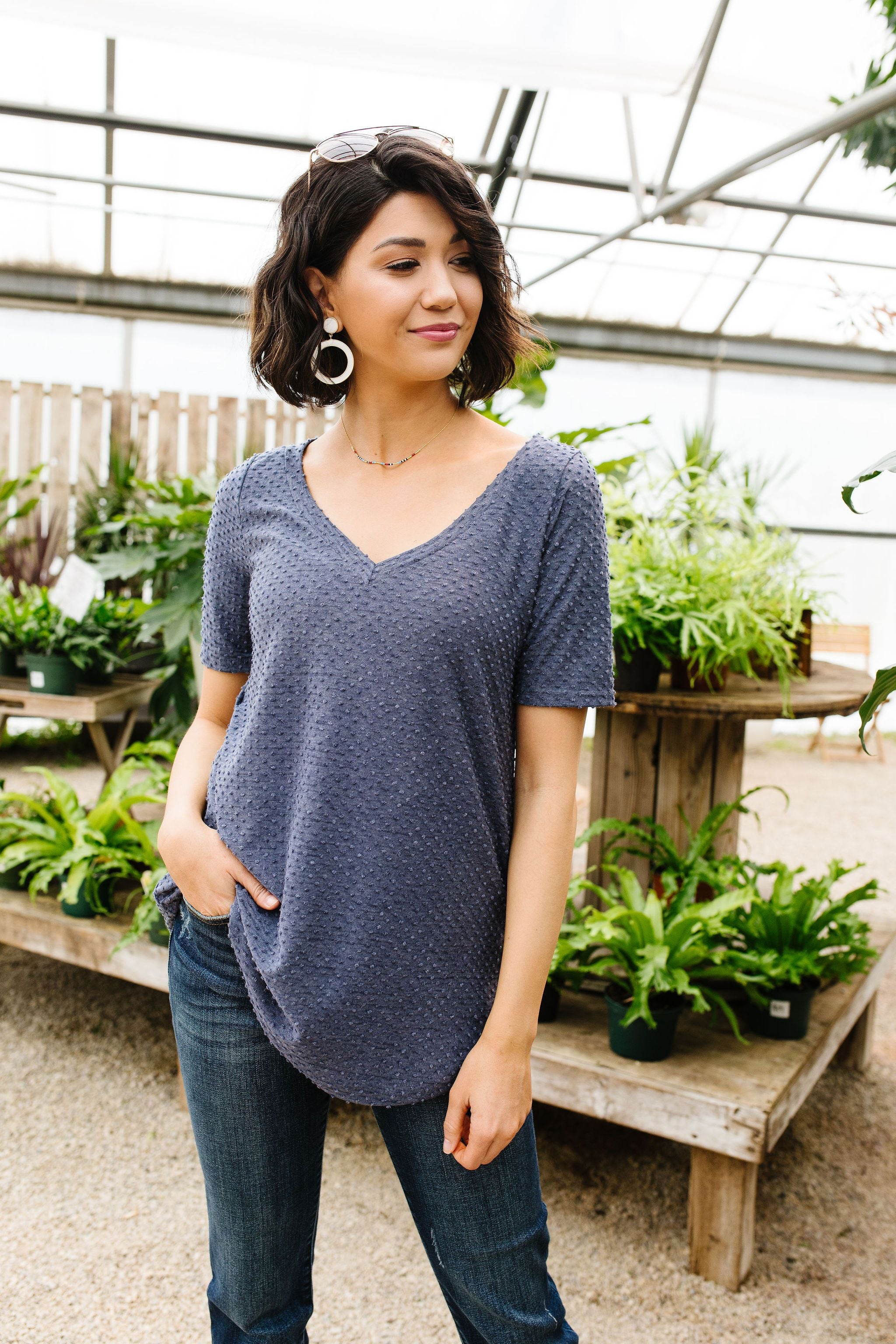 Swiss Dot V-Neck In Slate