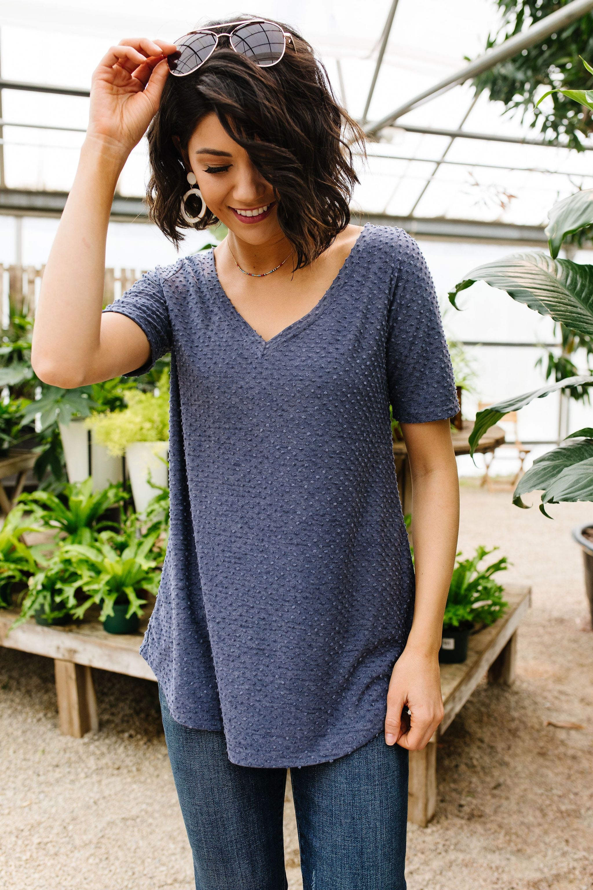 Swiss Dot V-Neck In Slate