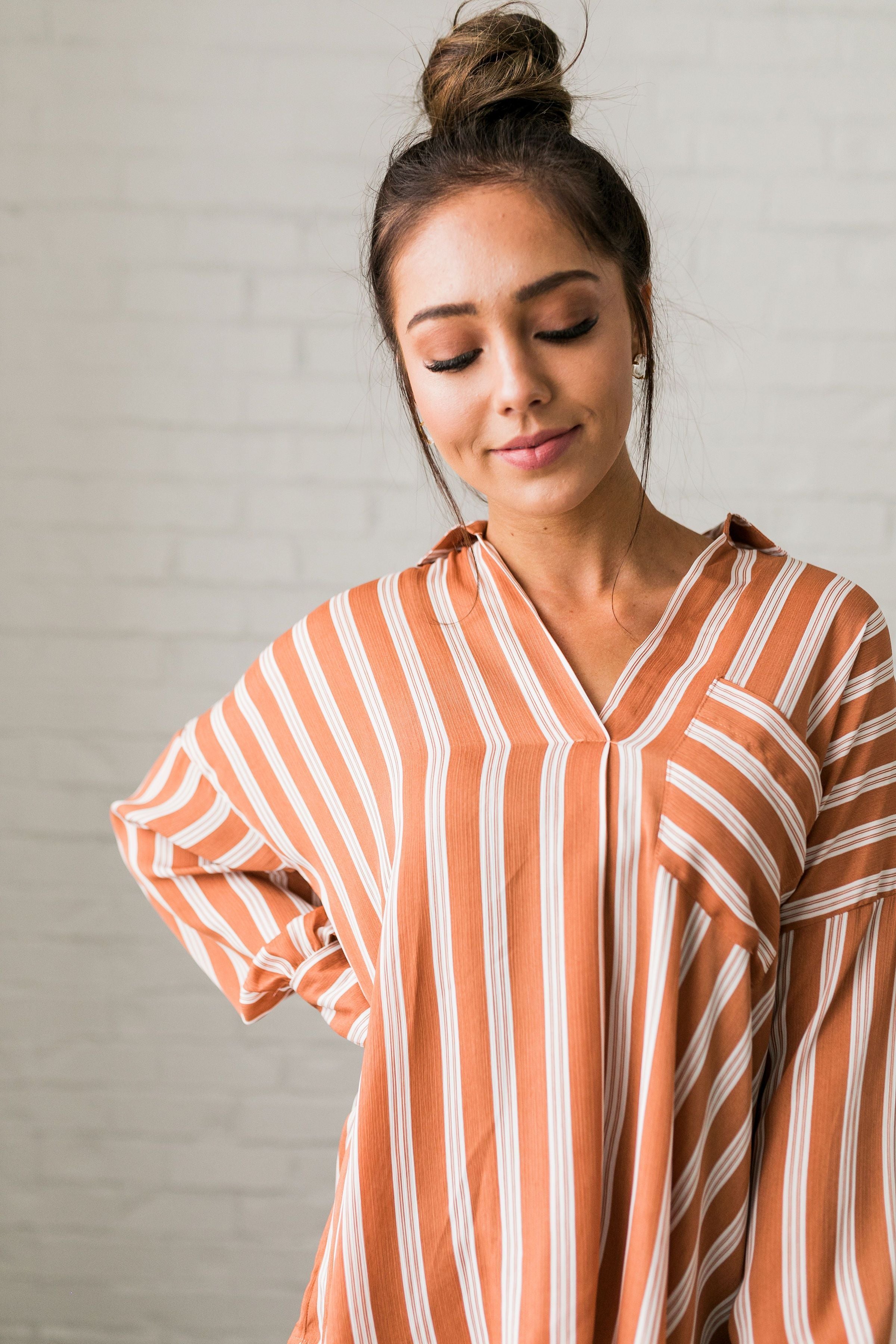 Terra-Cotta Striped Sateen Blouse - ALL SALES FINAL