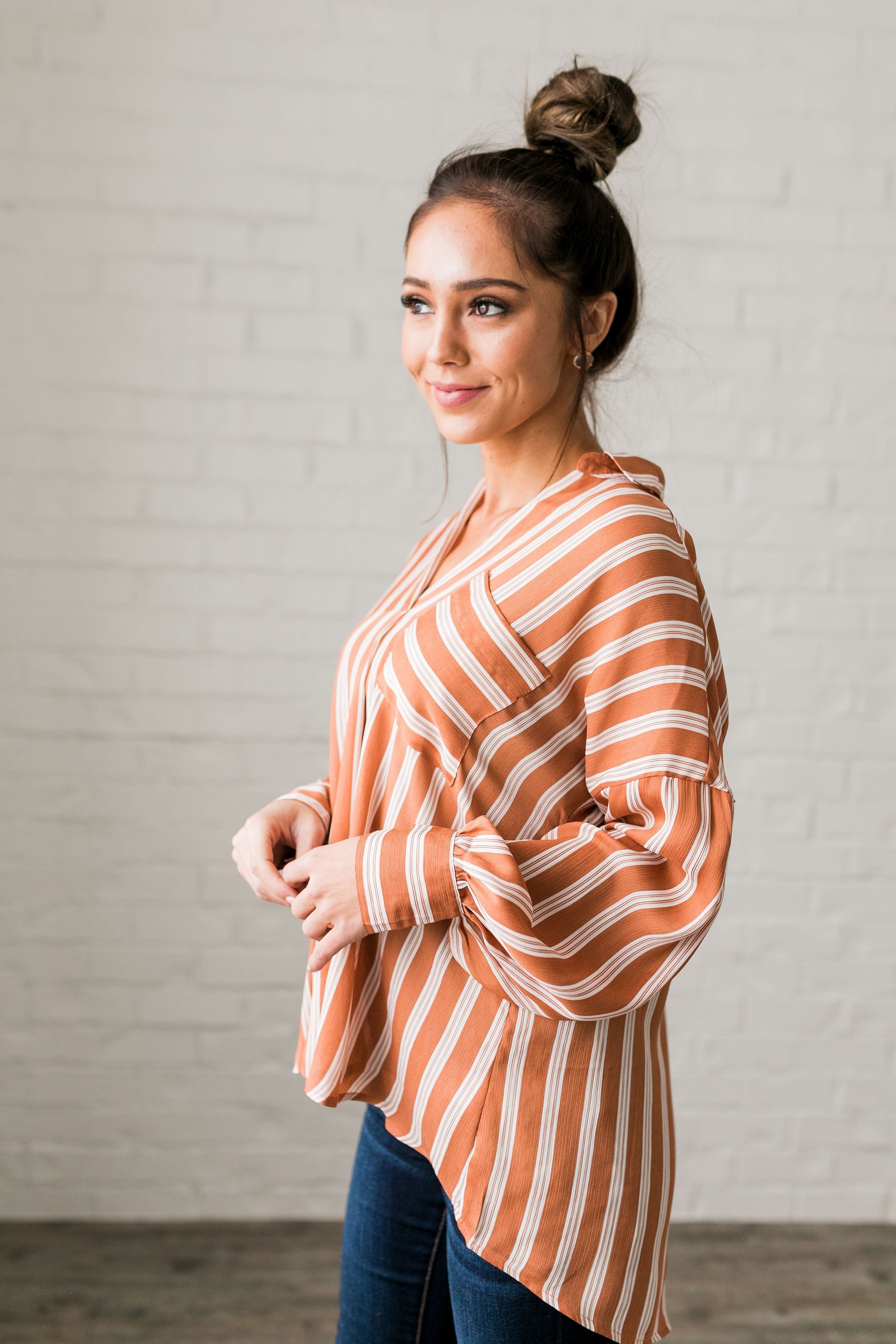 Terra-Cotta Striped Sateen Blouse - ALL SALES FINAL