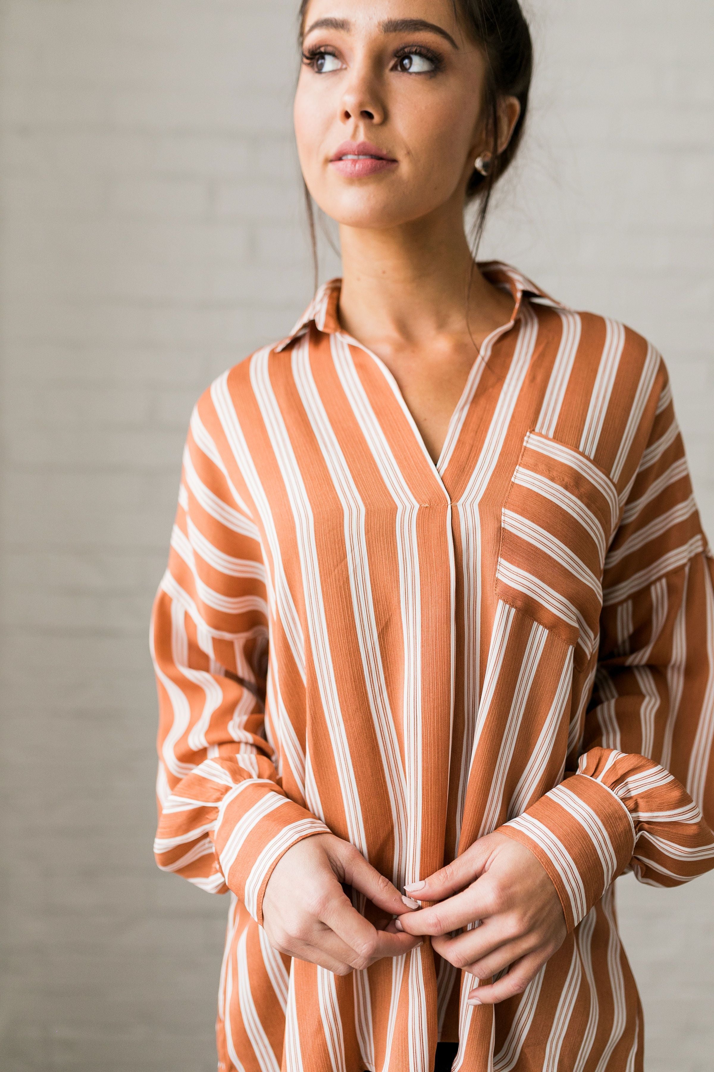 Terra-Cotta Striped Sateen Blouse - ALL SALES FINAL