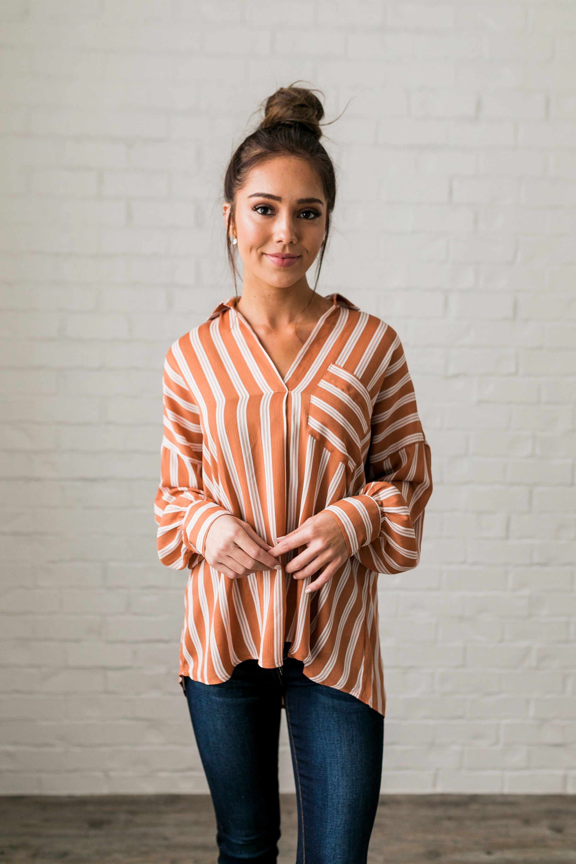 Terra-Cotta Striped Sateen Blouse - ALL SALES FINAL