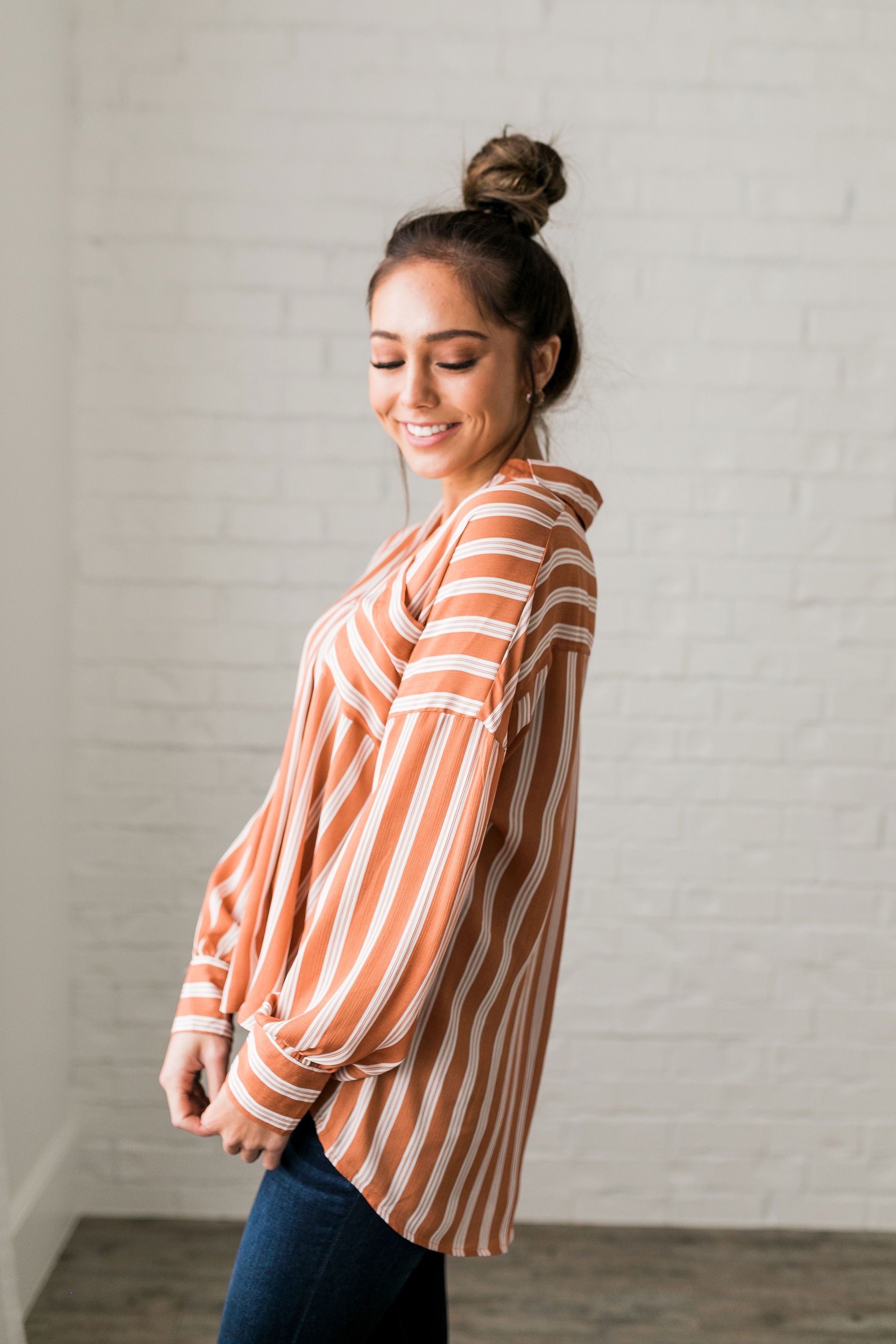 Terra-Cotta Striped Sateen Blouse - ALL SALES FINAL