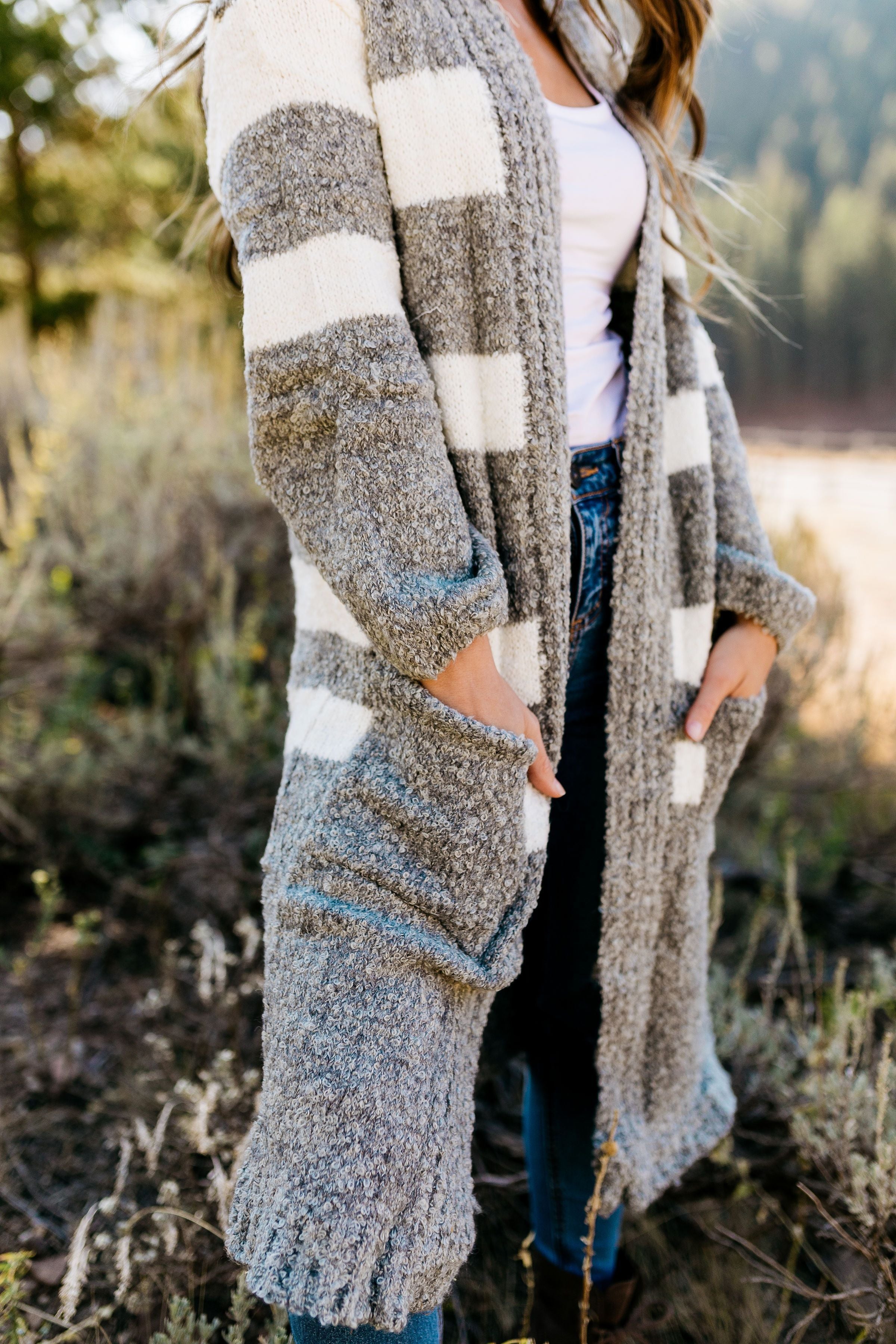 The Amelia Striped Cardi in Gray- ALL SALES FINAL