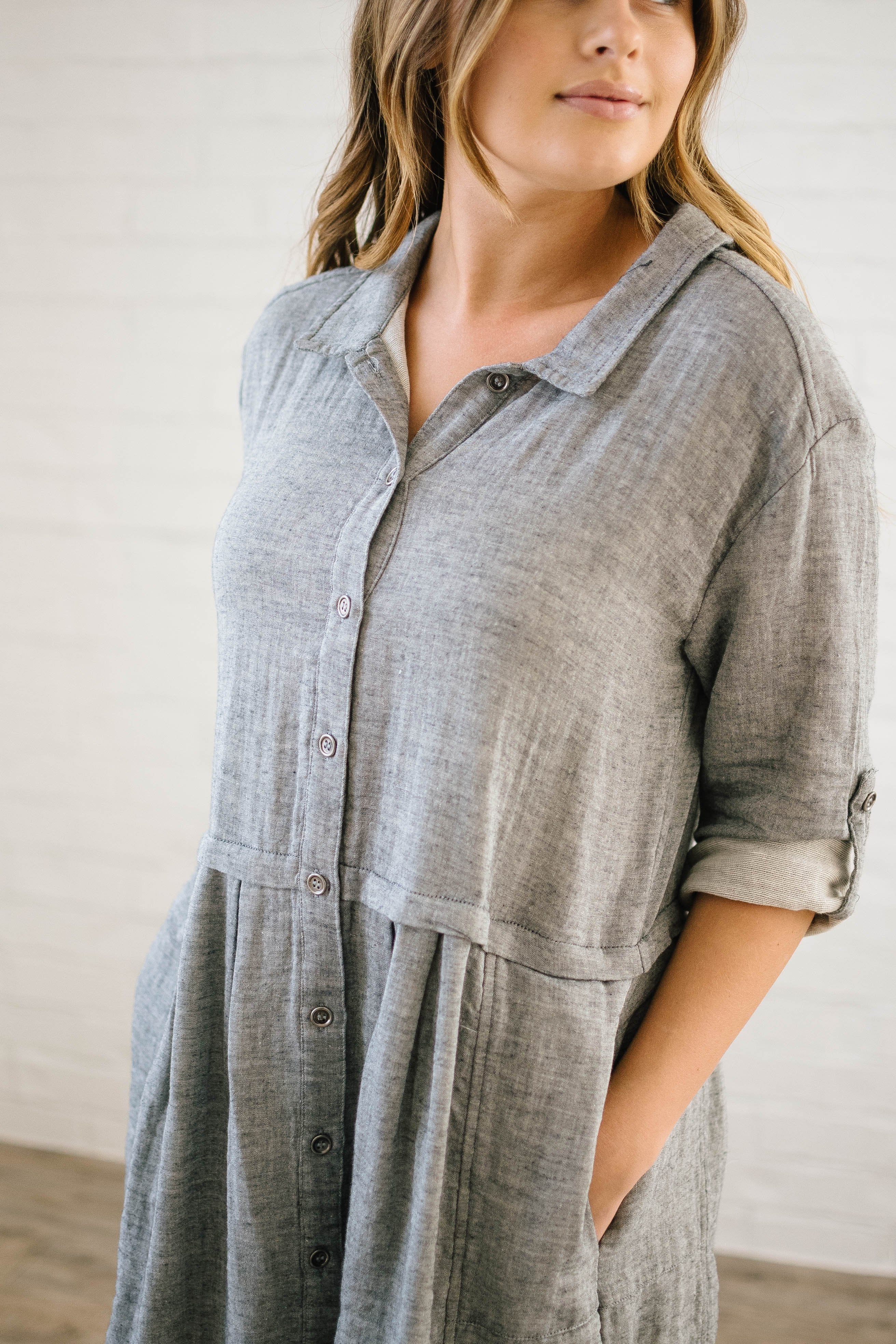 The Emily Gauze Button Down Dress in Gray