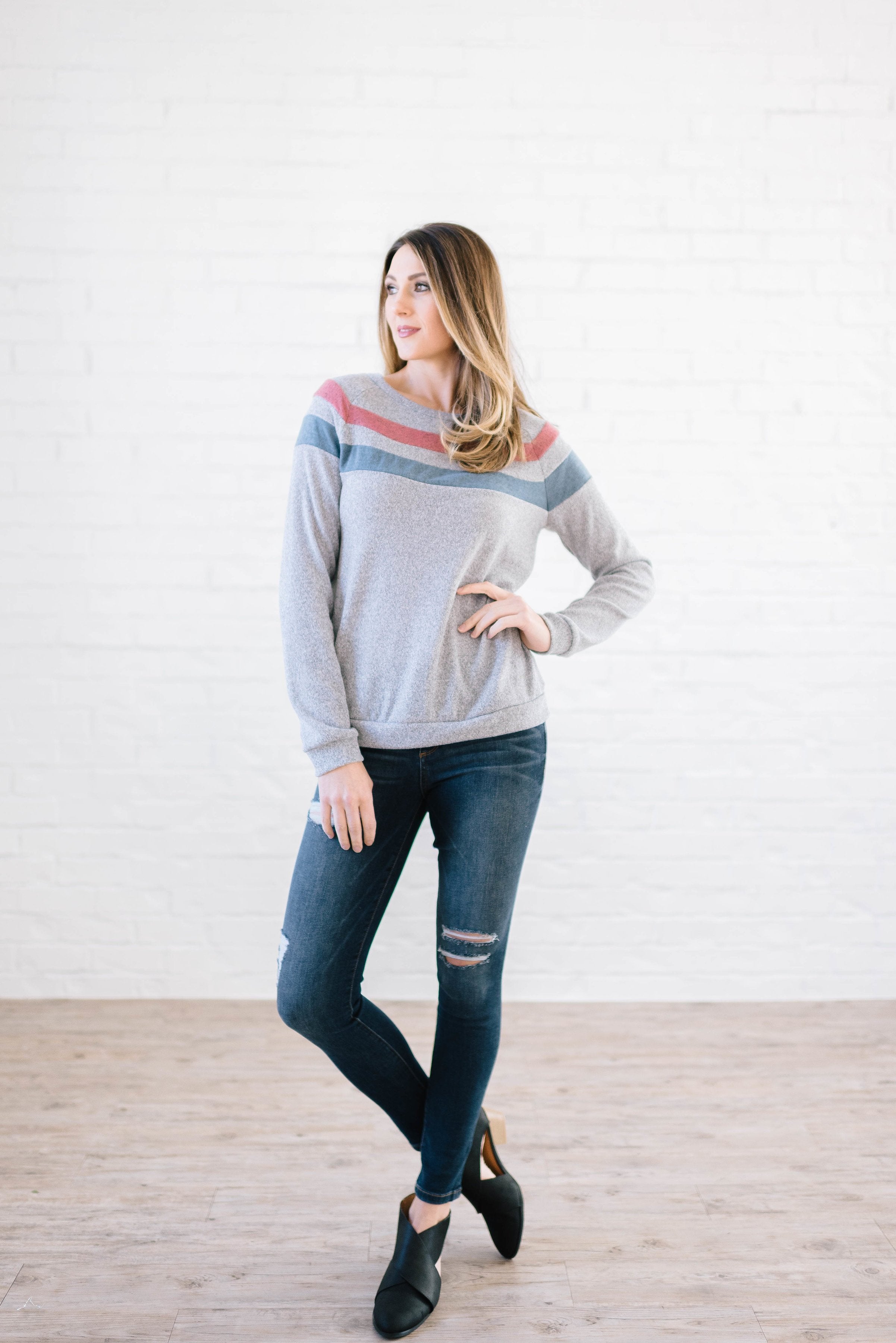 The Harlow Striped Long Sleeve Top in Heather Gray