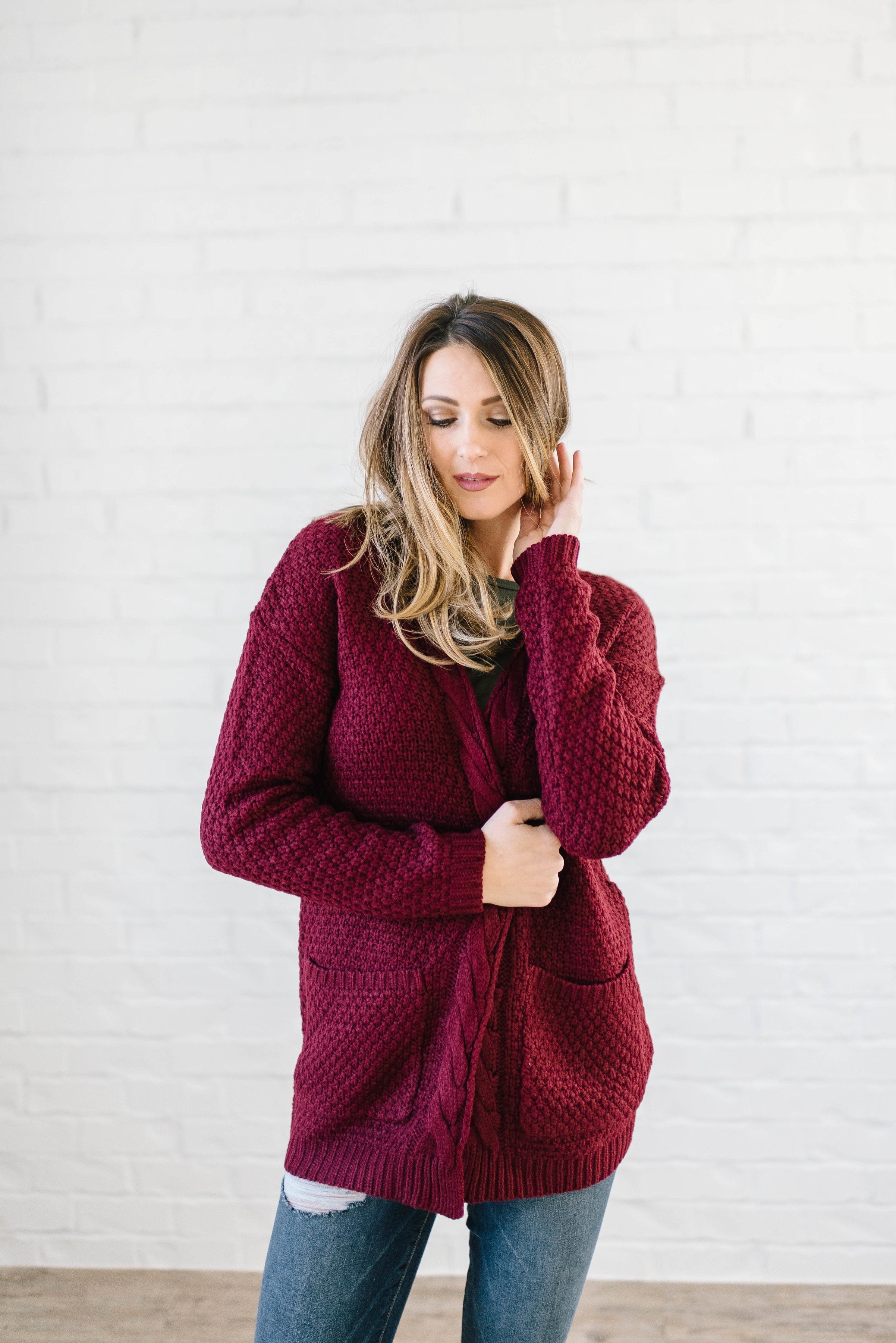 The London Cable Knit Cardi in Burgundy