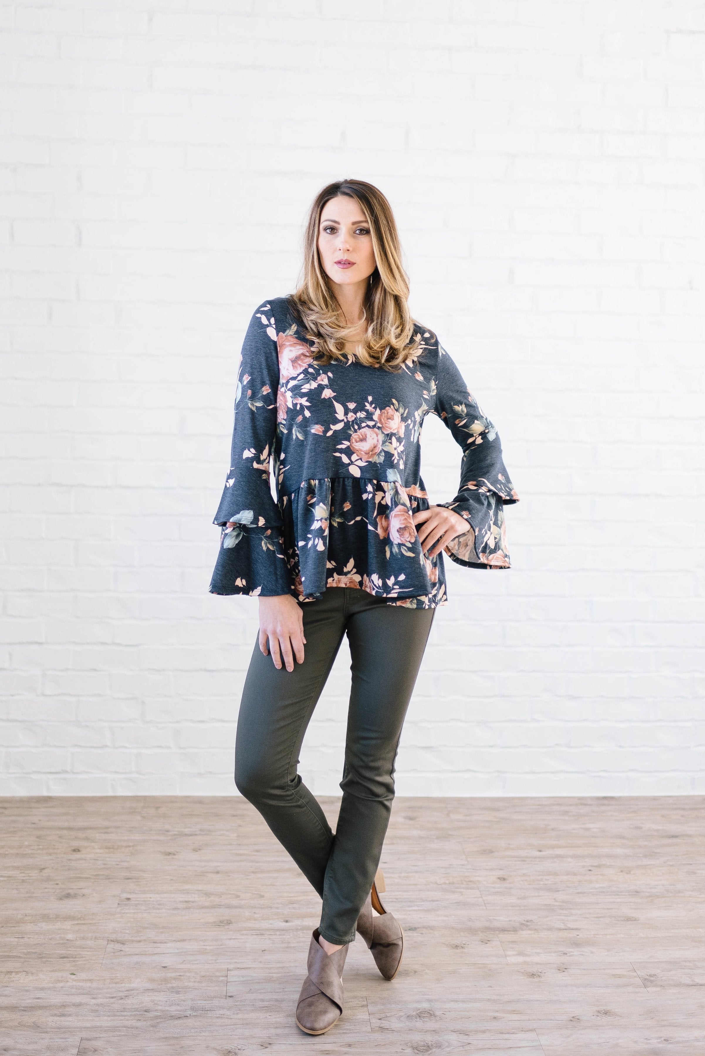 The Sadie Floral Bell Sleeve Top in Blue - Warehouse Sale