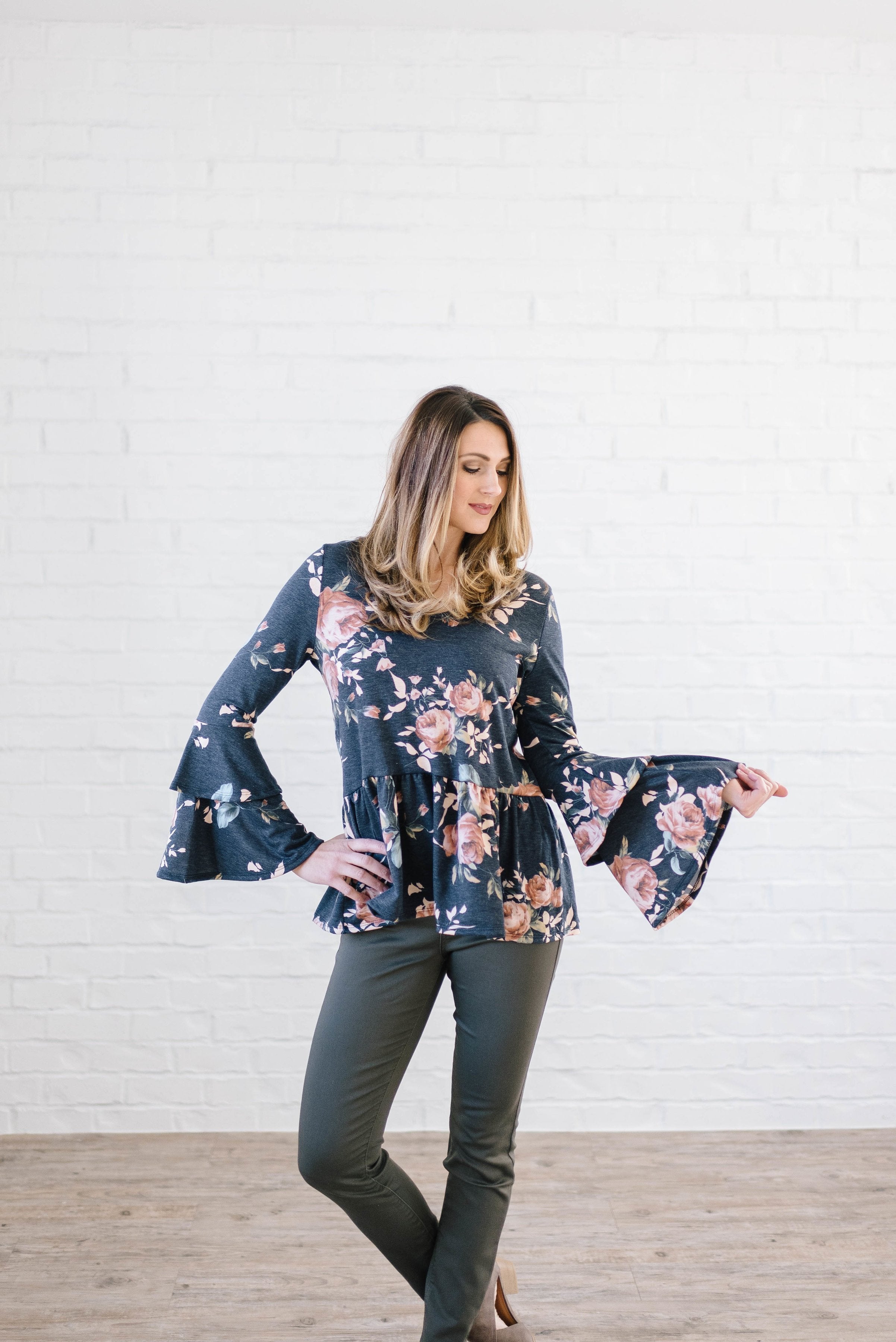 The Sadie Floral Bell Sleeve Top in Blue - Warehouse Sale