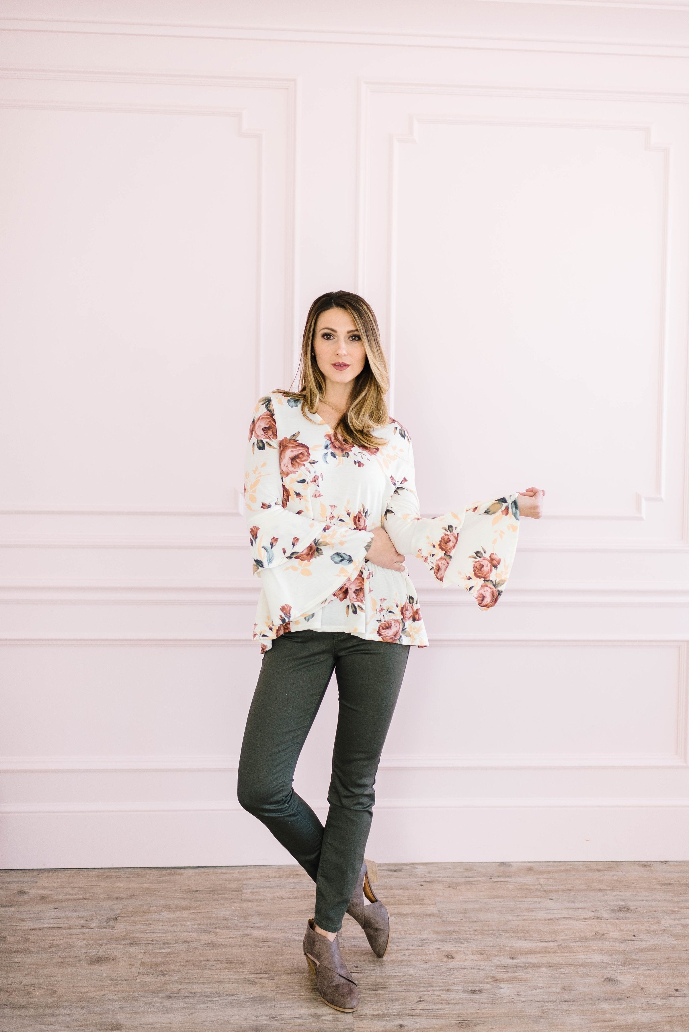 The Sadie Floral Bell Sleeve Top in Cream