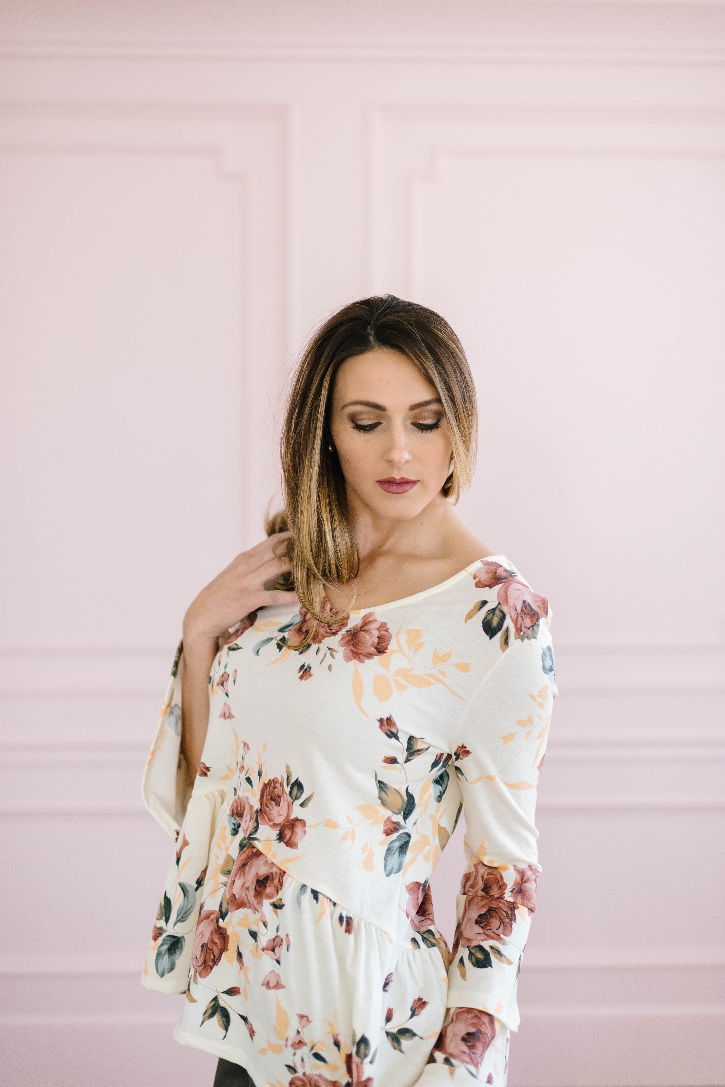 The Sadie Floral Bell Sleeve Top in Cream