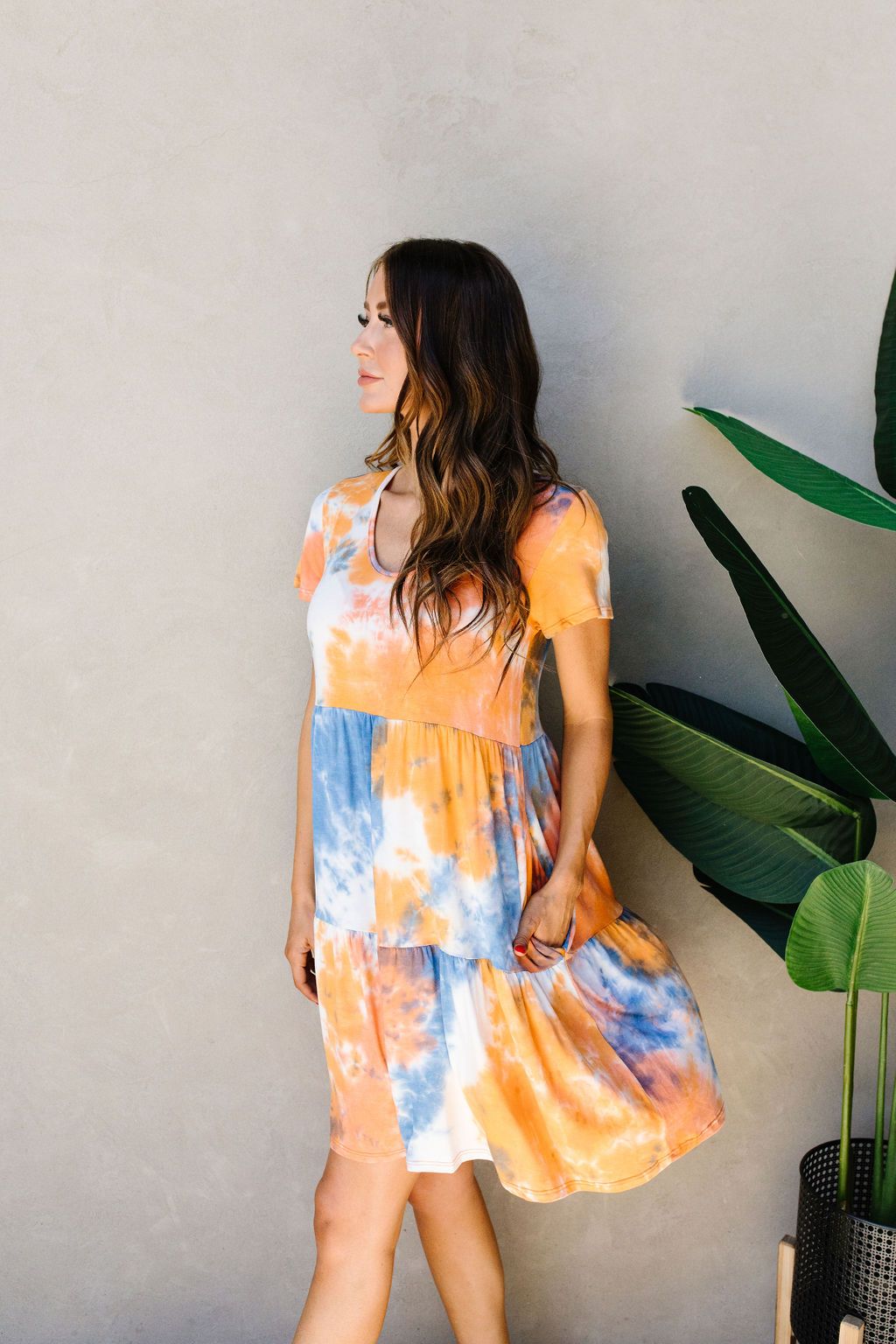 Tiered Tie Dye Dress In Orange & Blue