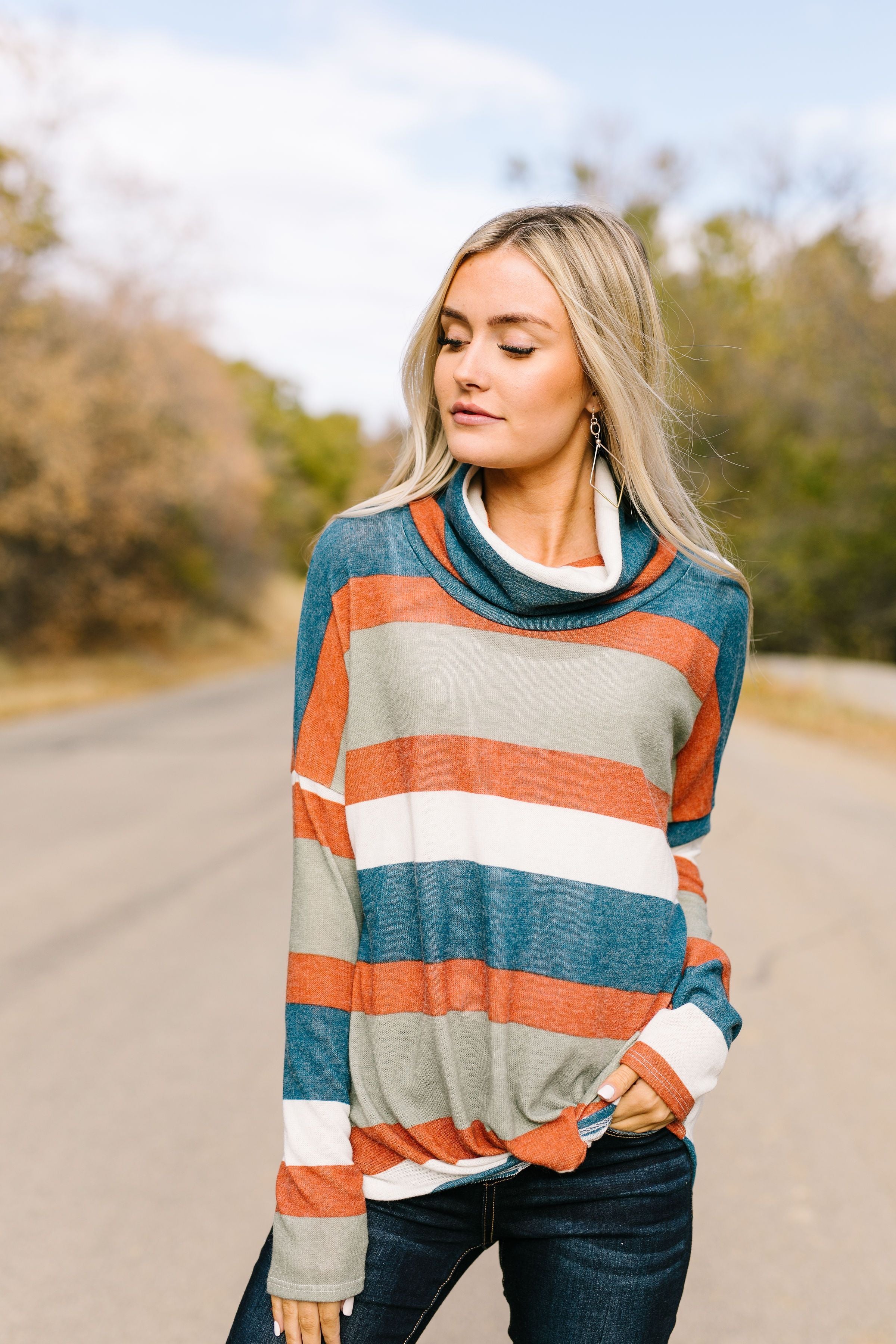 Totally Twisted Teal Striped Cowl Neck Top