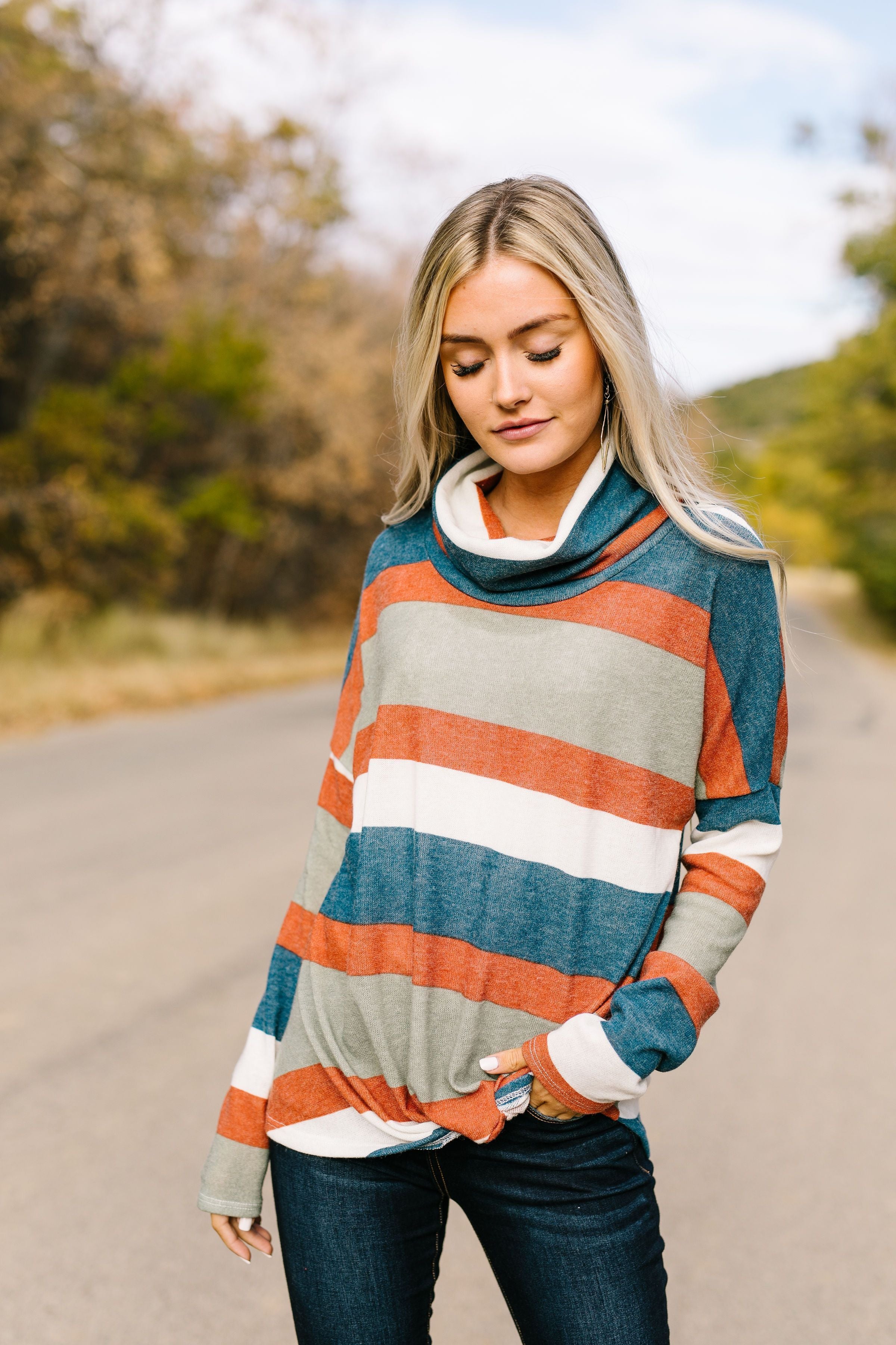 Totally Twisted Teal Striped Cowl Neck Top