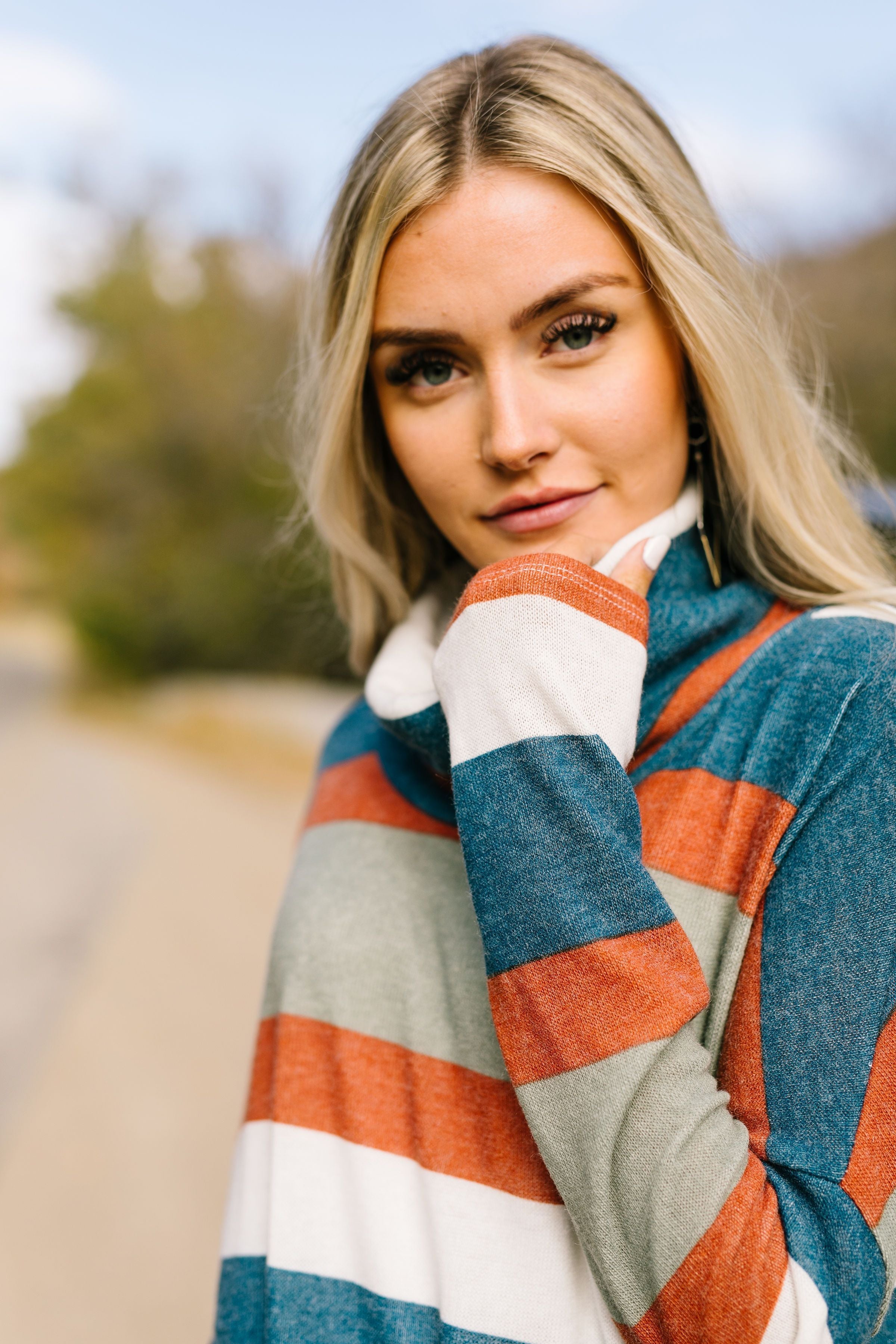 Totally Twisted Teal Striped Cowl Neck Top