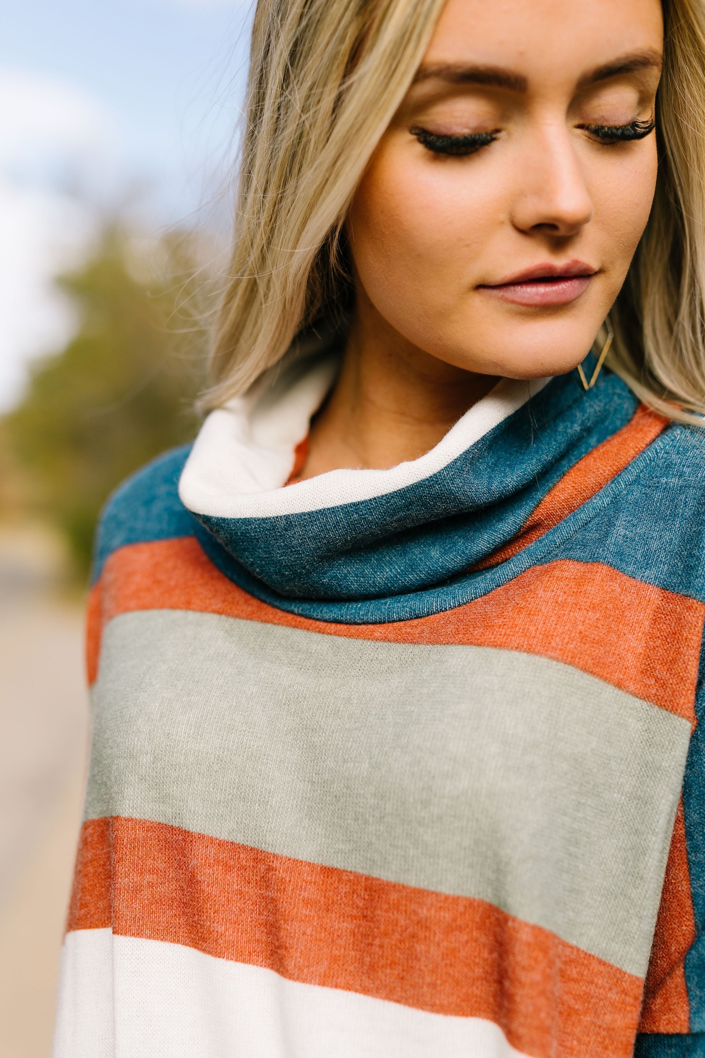 Totally Twisted Teal Striped Cowl Neck Top