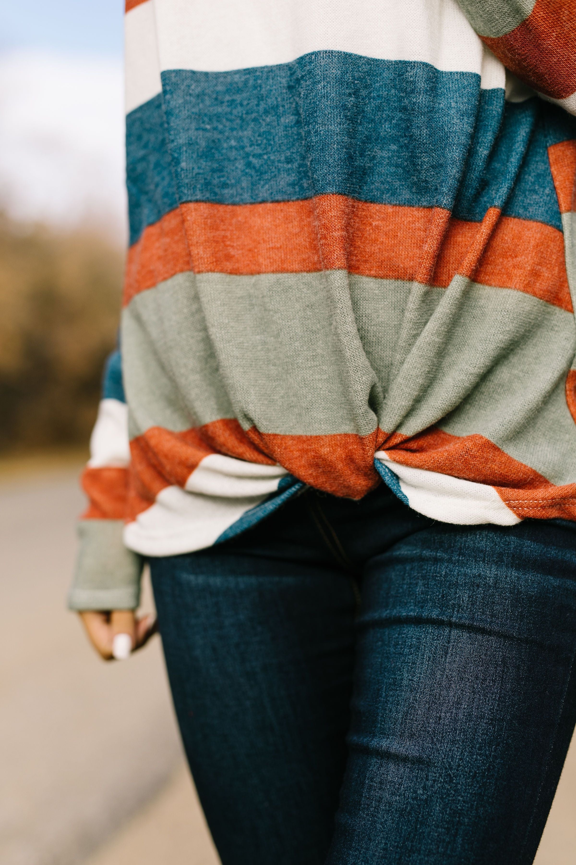 Totally Twisted Teal Striped Cowl Neck Top