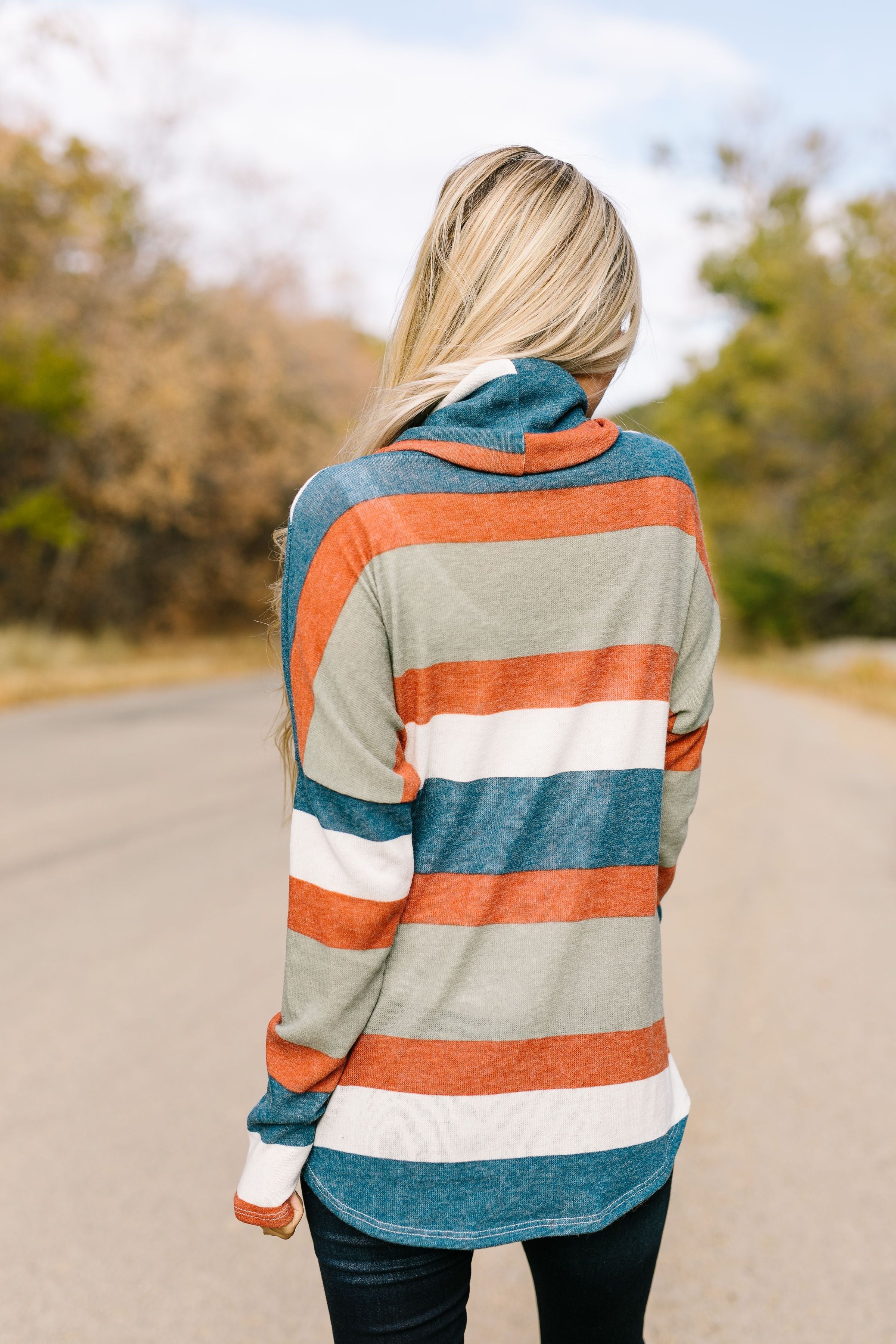 Totally Twisted Teal Striped Cowl Neck Top