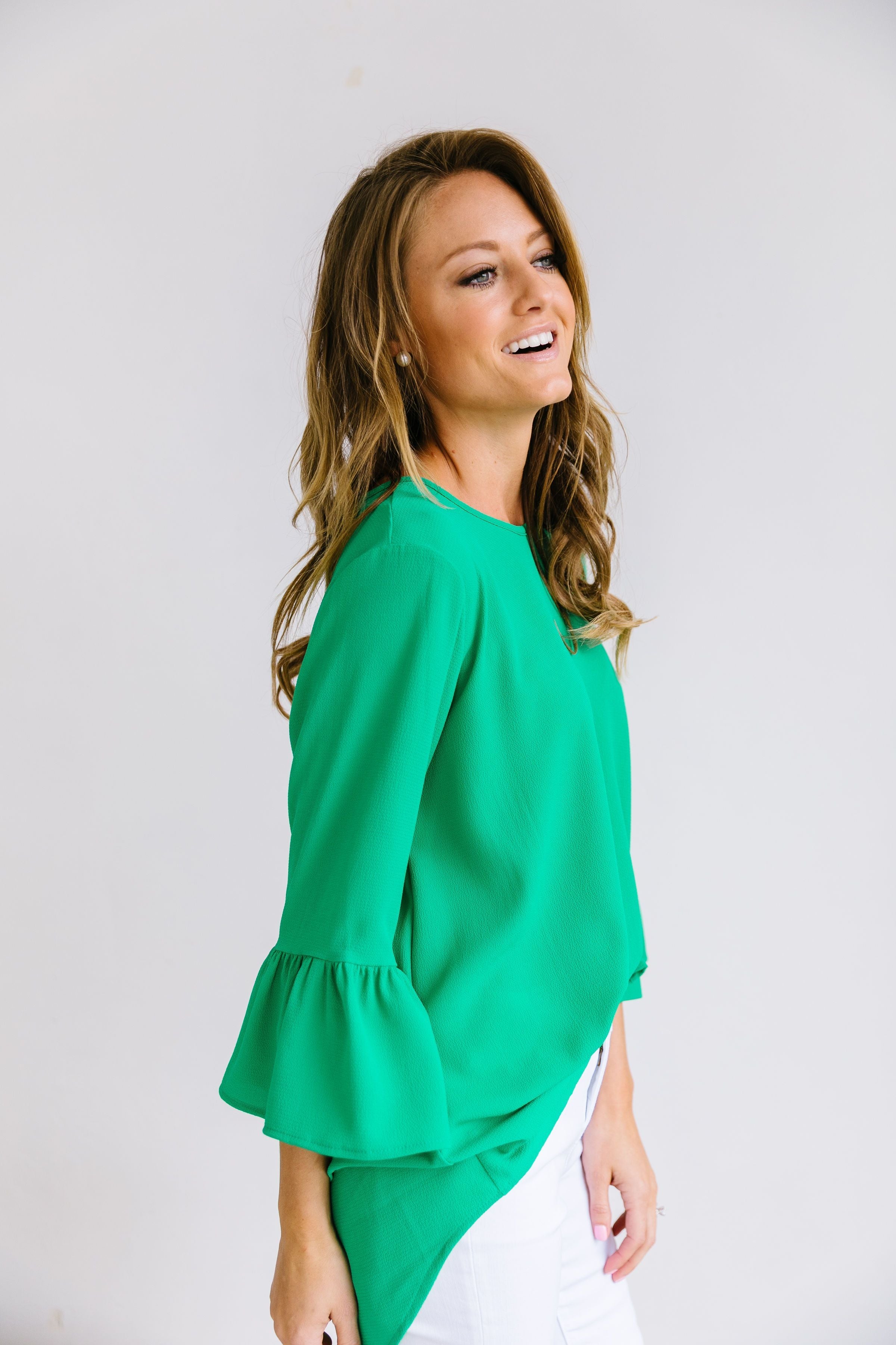 Trumpet Sleeve Blouse In Green - ALL SALES FINAL